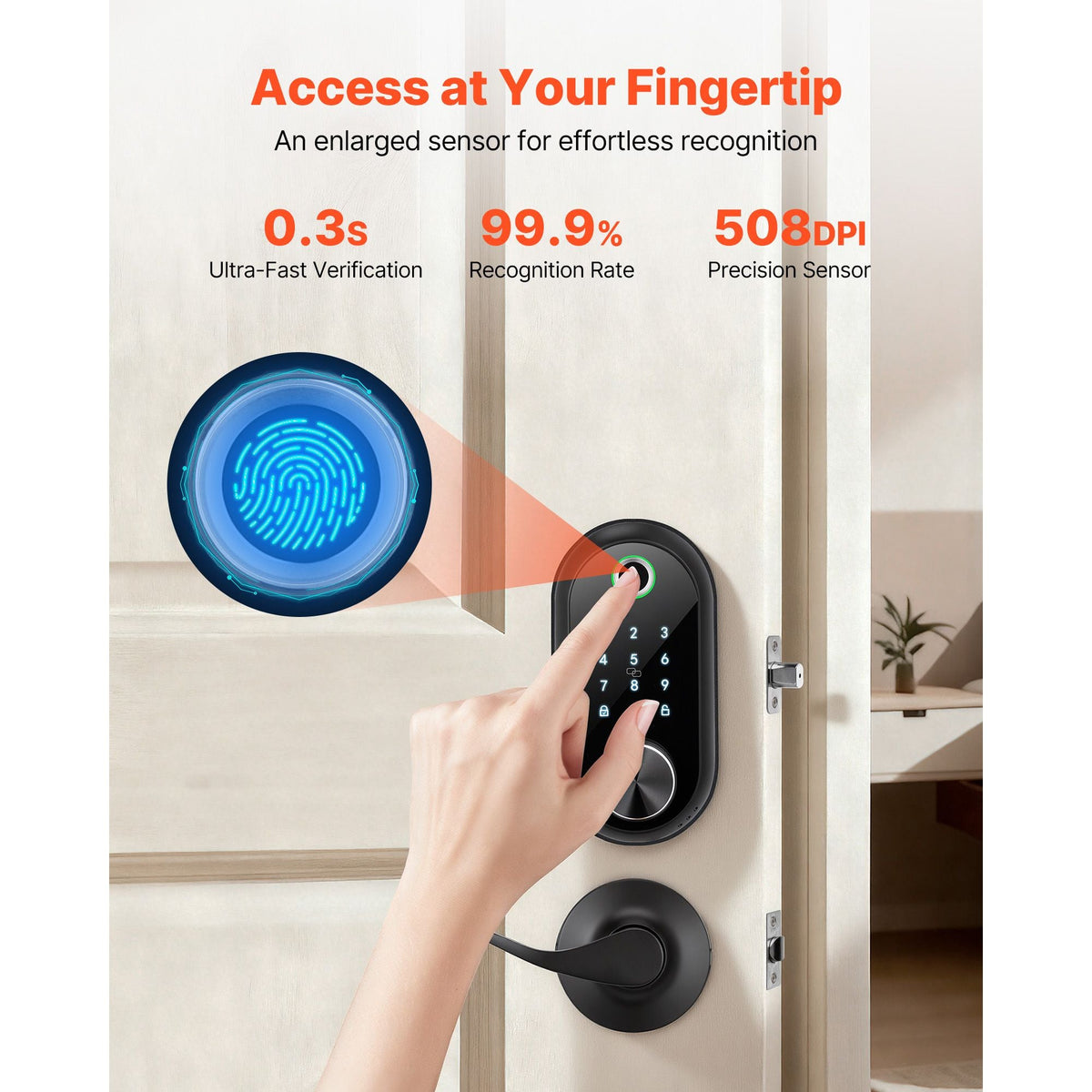Fingerprint Door Lock Set, Electronic Biometric Deadbolt Keyless Entry Door Lock with Handle, Touchscreen, Auto Locking, One-Time Code, Anti-Peeking Password, IC Cards, for Home, Matte Black