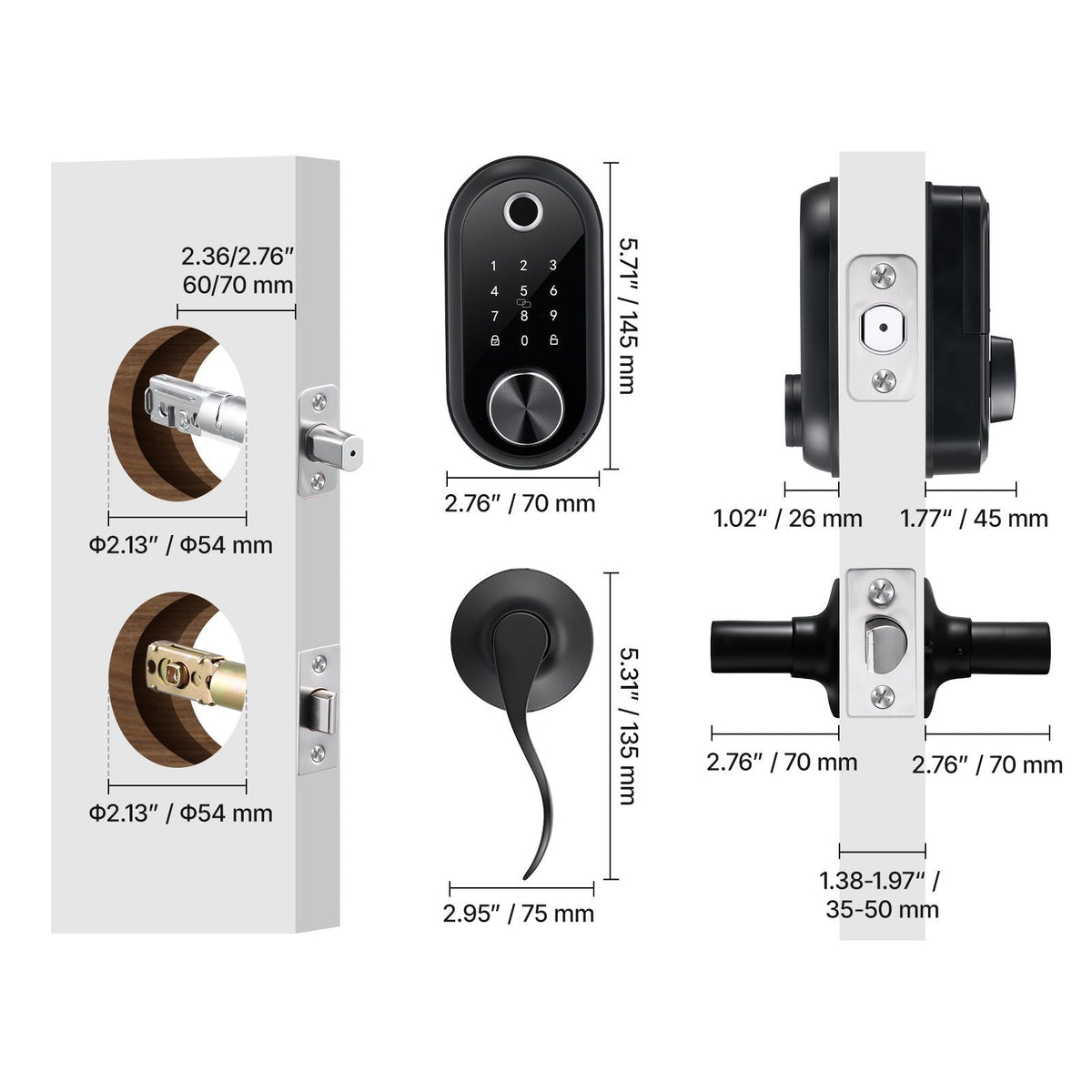 Fingerprint Door Lock Set, Electronic Biometric Deadbolt Keyless Entry Door Lock with Handle, Touchscreen, Auto Locking, One-Time Code, Anti-Peeking Password, IC Cards, for Home, Matte Black