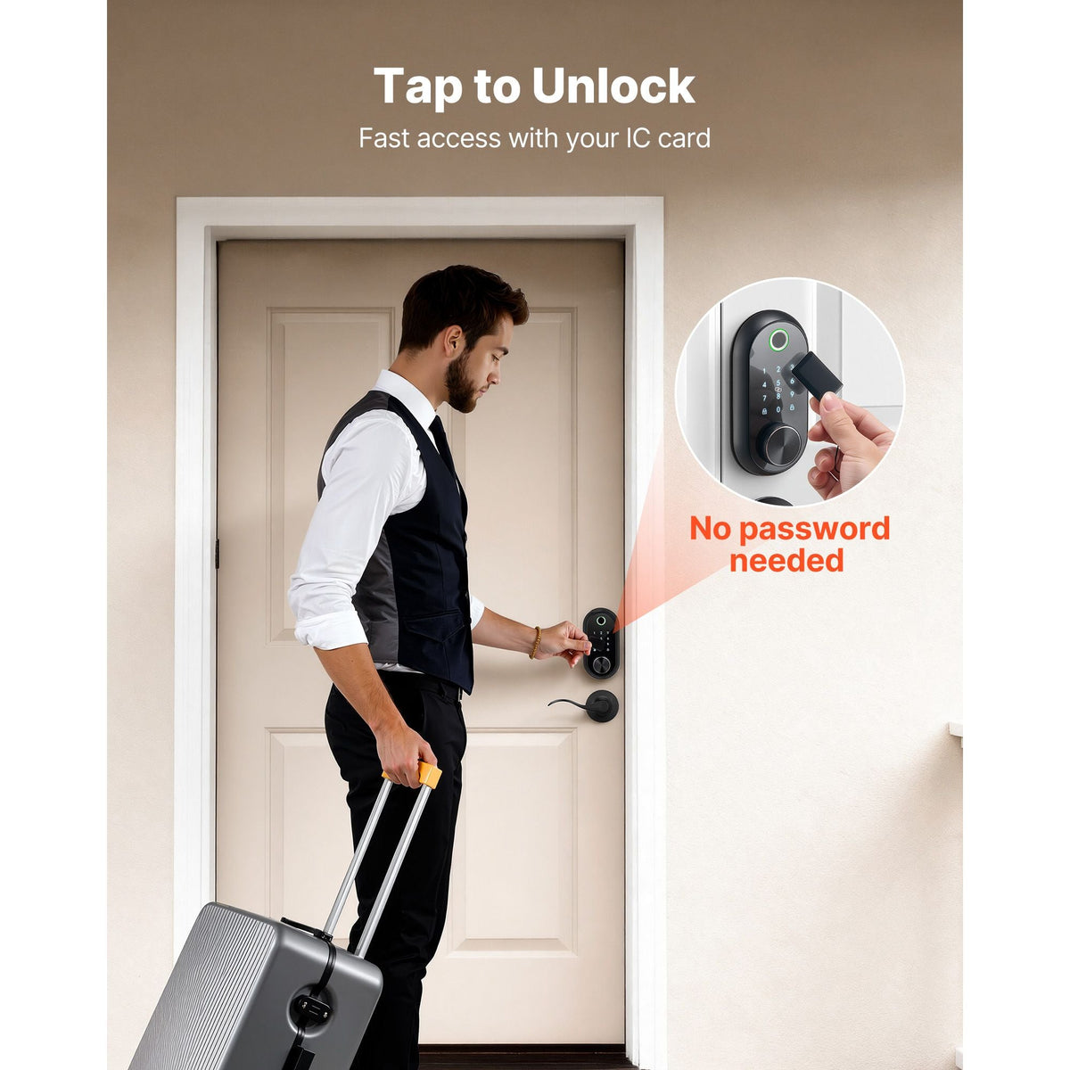 Fingerprint Door Lock Set, Electronic Biometric Deadbolt Keyless Entry Door Lock with Handle, Touchscreen, Auto Locking, One-Time Code, Anti-Peeking Password, IC Cards, for Home, Matte Black