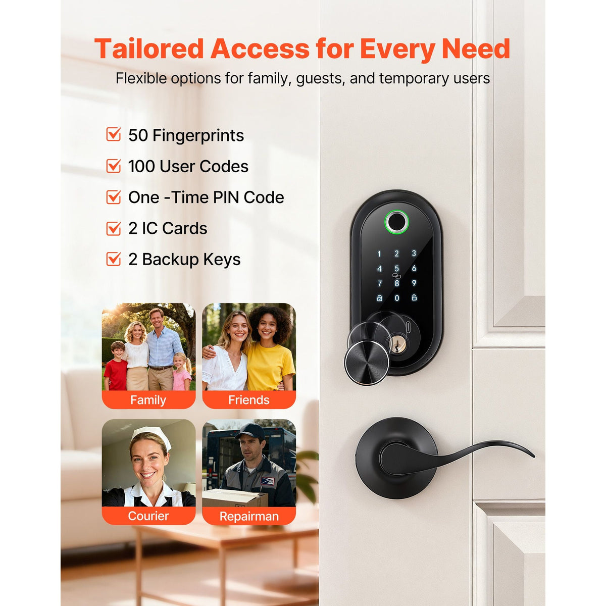 Fingerprint Door Lock Set, Electronic Biometric Deadbolt Keyless Entry Door Lock with Handle, Touchscreen, Auto Locking, One-Time Code, Anti-Peeking Password, IC Cards, for Home, Matte Black