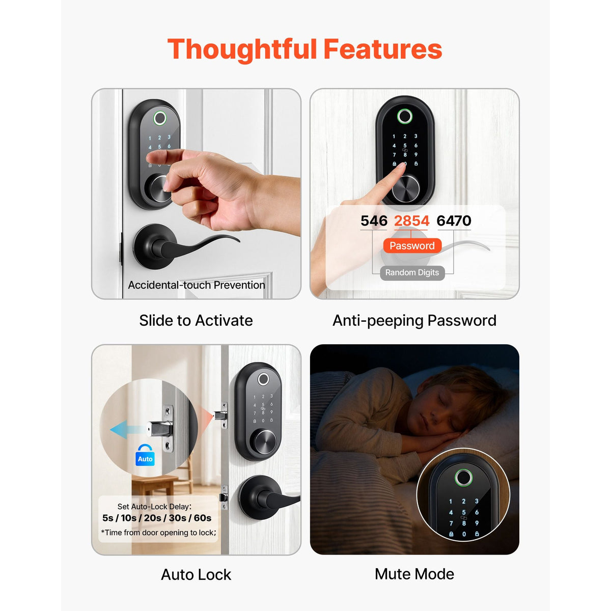 Fingerprint Door Lock Set, Electronic Biometric Deadbolt Keyless Entry Door Lock with Handle, Touchscreen, Auto Locking, One-Time Code, Anti-Peeking Password, IC Cards, for Home, Matte Black