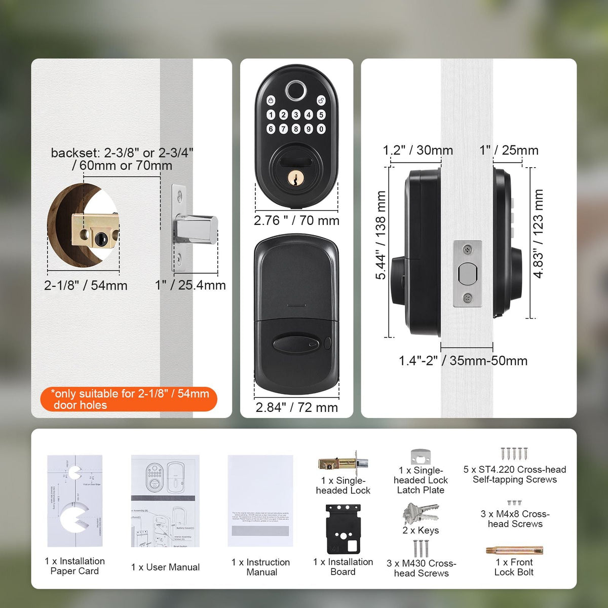 Fingerprint Door Lock, with Fingerprint/Keypad Code/Key, One-Time and Anti-Peeking Password, Silent Mode, Constant Unlock Mode, Aluminum Alloy Panel, Electronic Keypad Deadbolt for Entry Doors