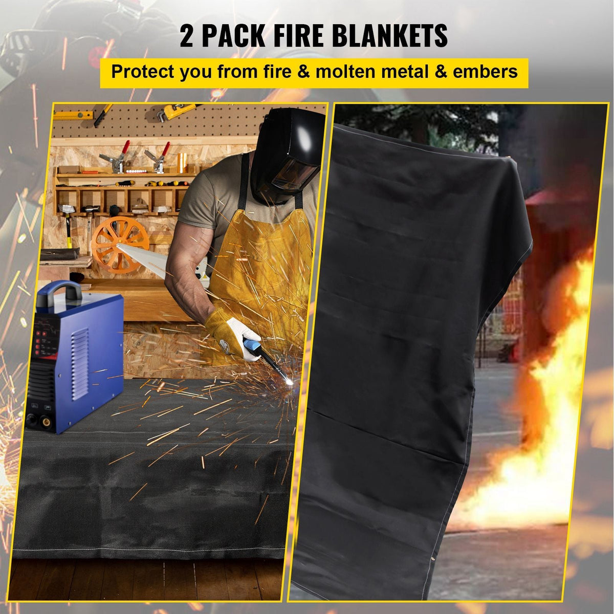 Fire Blankets, 2 Pack Welding Blankets, 8\' x 10\' Fire Suppression Blanket, 1022 Fahrenheit Flame Retardant Blanket, Fiberglass Fire Retardant Blanket with 12 Brass Gromme