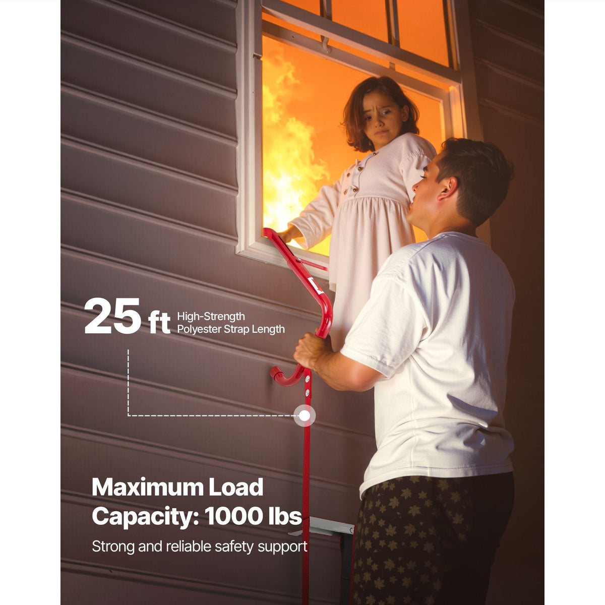 Fire Escape Ladder, 3-Story 25FT Retractable Emergency Fire Ladder, Lightweight Aluminum Alloy Safety Escape Ladders with Sturdy Polyester Strap, Anti-Slip Rung & Wide Steps, 1000LBS Max Loading