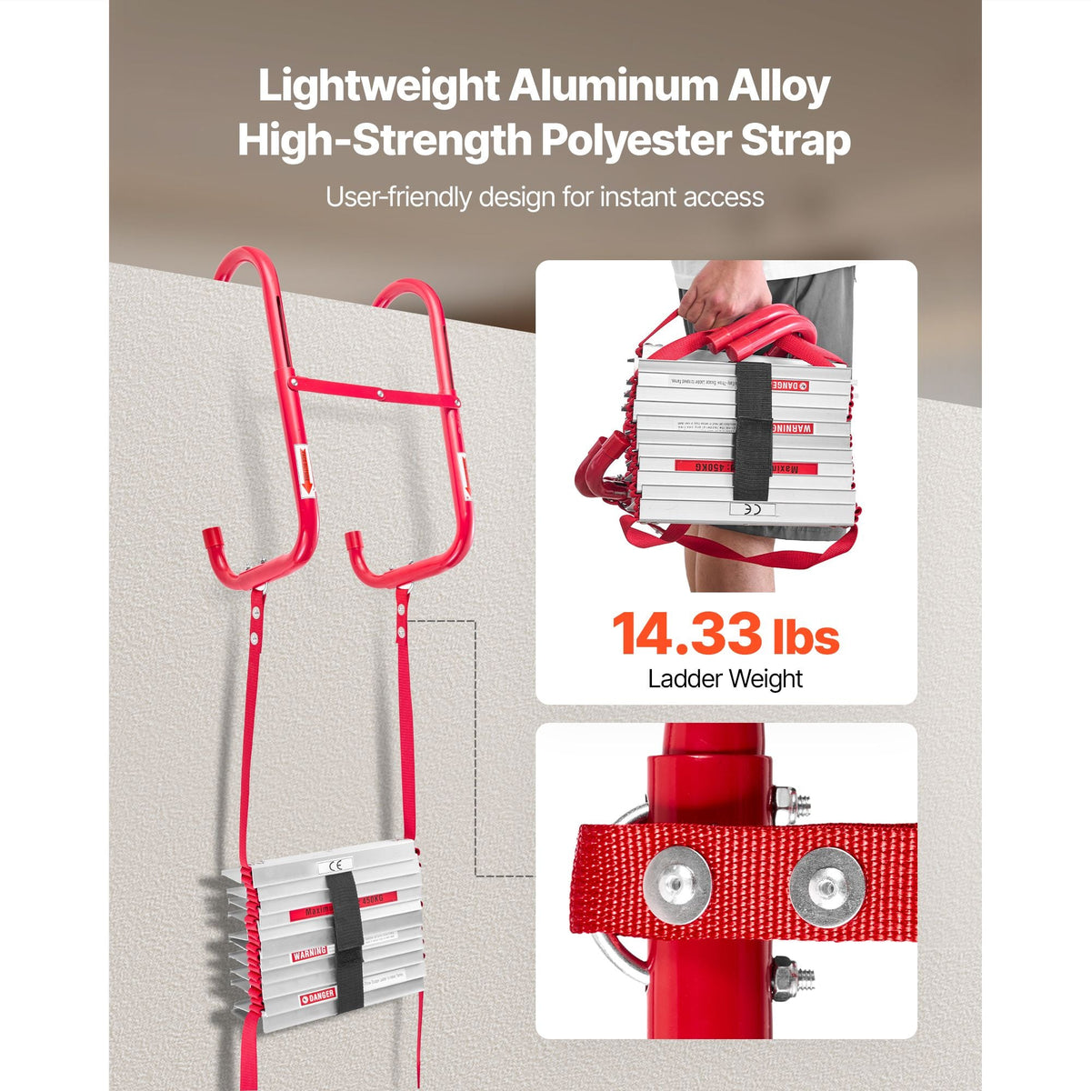 Fire Escape Ladder, 3-Story 25FT Retractable Emergency Fire Ladder, Lightweight Aluminum Alloy Safety Escape Ladders with Sturdy Polyester Strap, Anti-Slip Rung & Wide Steps, 1000LBS Max Loading
