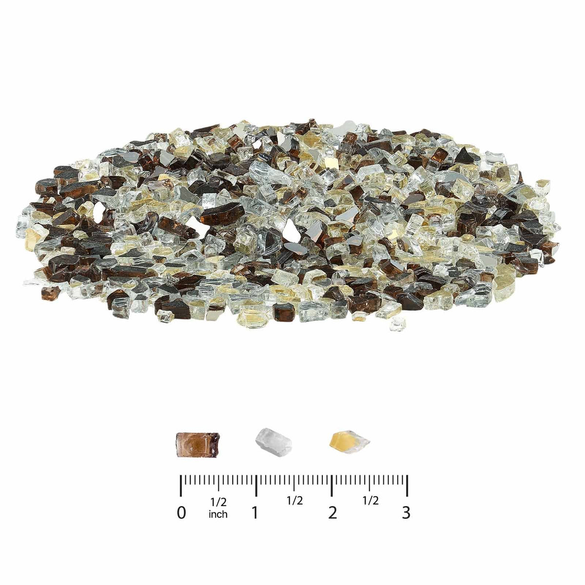 Fire Glass, 10 LBS / 4.5 KG High-Temperature Resistant Fireplace Rocks, 1/2-Inch / 12.7 mm Reflective Firepit Glass Rock, High Luster Stone Landscaping for Fire Pit Table, Copper + Clear + Gold