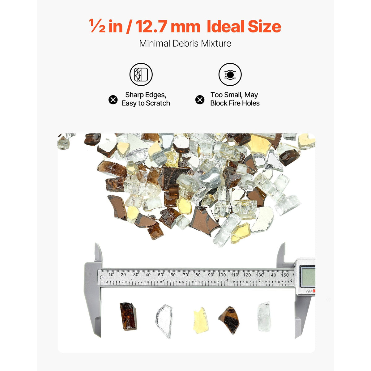 Fire Glass, 10 LBS / 4.5 KG High-Temperature Resistant Fireplace Rocks, 1/2-Inch / 12.7 mm Reflective Firepit Glass Rock, High Luster Stone Landscaping for Fire Pit Table, Copper + Clear + Gold