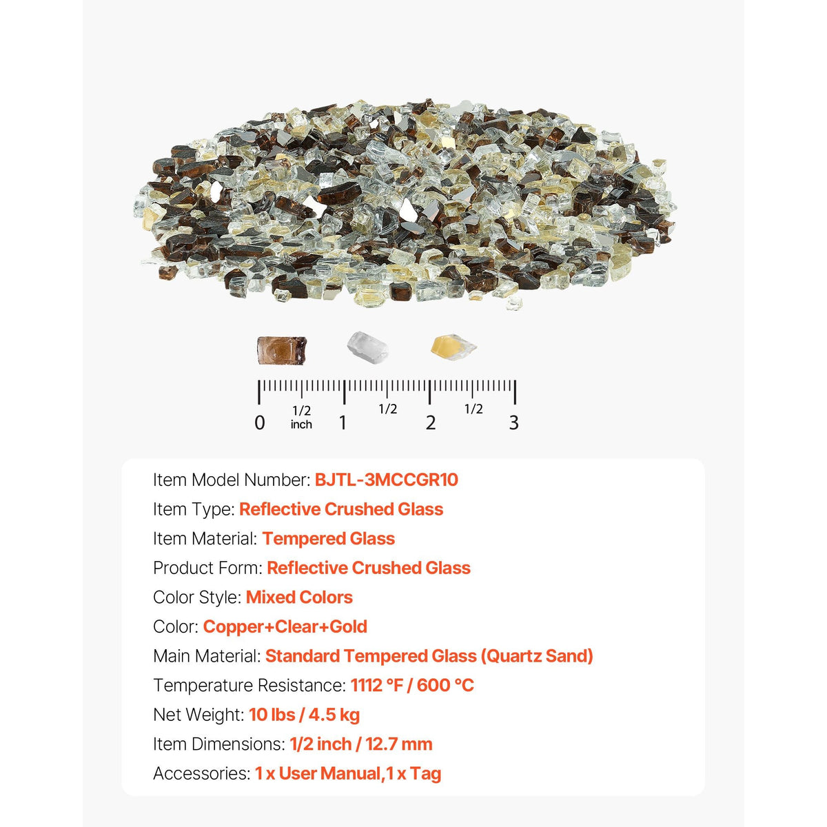 Fire Glass, 10 LBS / 4.5 KG High-Temperature Resistant Fireplace Rocks, 1/2-Inch / 12.7 mm Reflective Firepit Glass Rock, High Luster Stone Landscaping for Fire Pit Table, Copper + Clear + Gold
