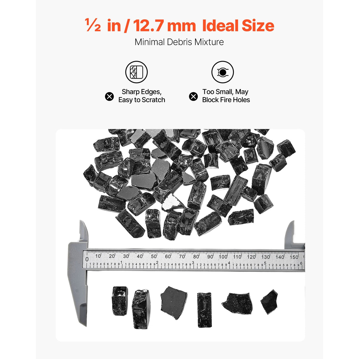 Fire Glass, 10 LBS / 4.5 KG High-Temperature Resistant Fireplace Rocks, 1/2-Inch / 12.7 mm Reflective & Smokeless Firepit Glass Rock, High Luster Stone Landscaping for Fire Pit Table, Black