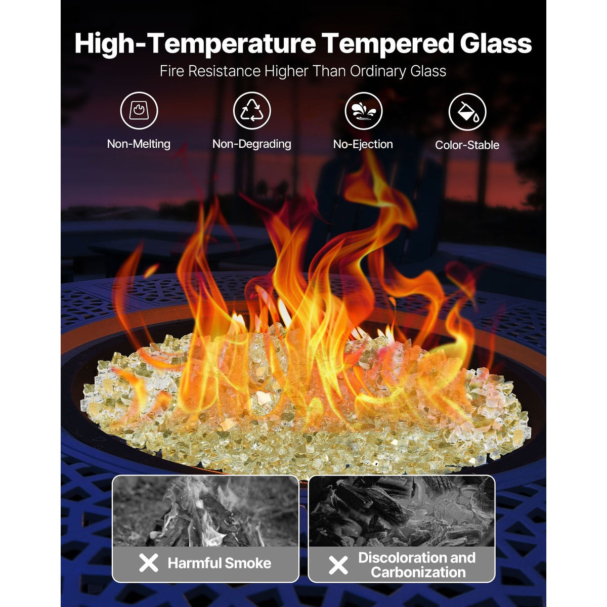 Fire Glass, 10 LBS / 4.5 KG High-Temperature Resistant Fireplace Rocks, 1/2-Inch / 12.7 mm Reflective & Smokeless Firepit Glass Rock, High Luster Stone Landscaping for Fire Pit Table, Gold