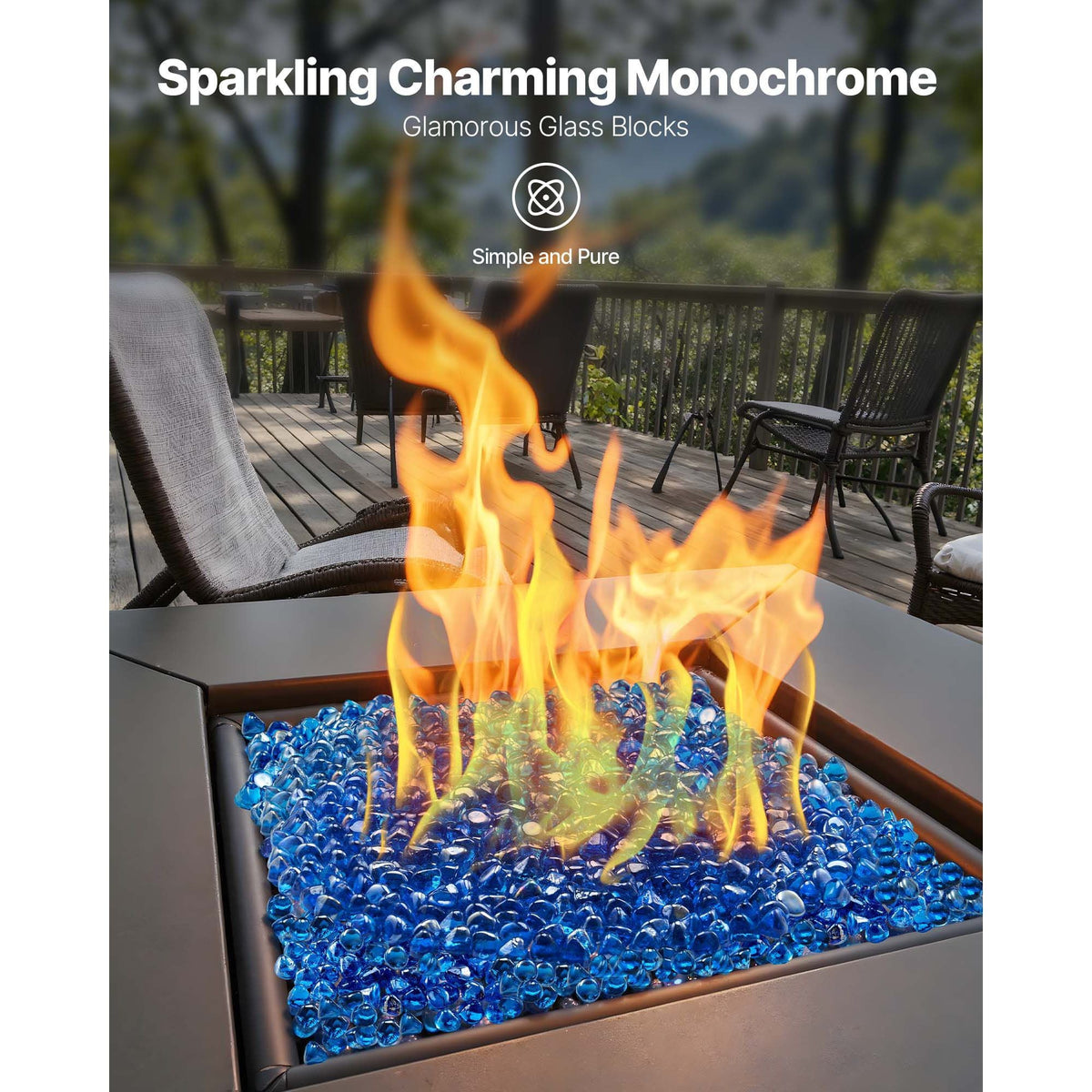 Fire Glass, 10LBS / 4.5KG High-Temperature Resistant Fireplace Rocks, 1 Inch / 25.4 mm Reflective Firepit Glass Diamond Beads, High Luster Stone Landscaping for Fire Pit Table, Caribbean Blue