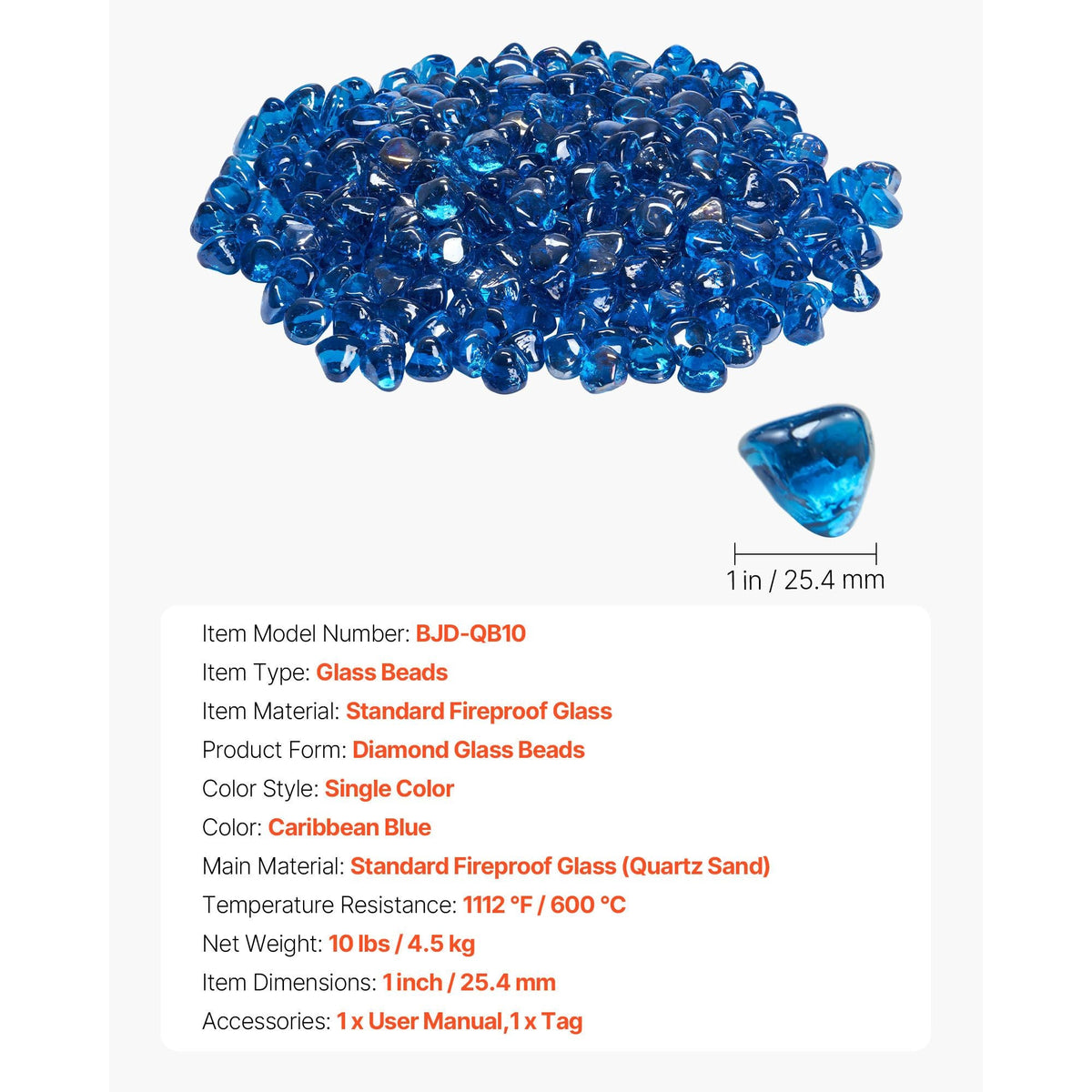 Fire Glass, 10LBS / 4.5KG High-Temperature Resistant Fireplace Rocks, 1 Inch / 25.4 mm Reflective Firepit Glass Diamond Beads, High Luster Stone Landscaping for Fire Pit Table, Caribbean Blue