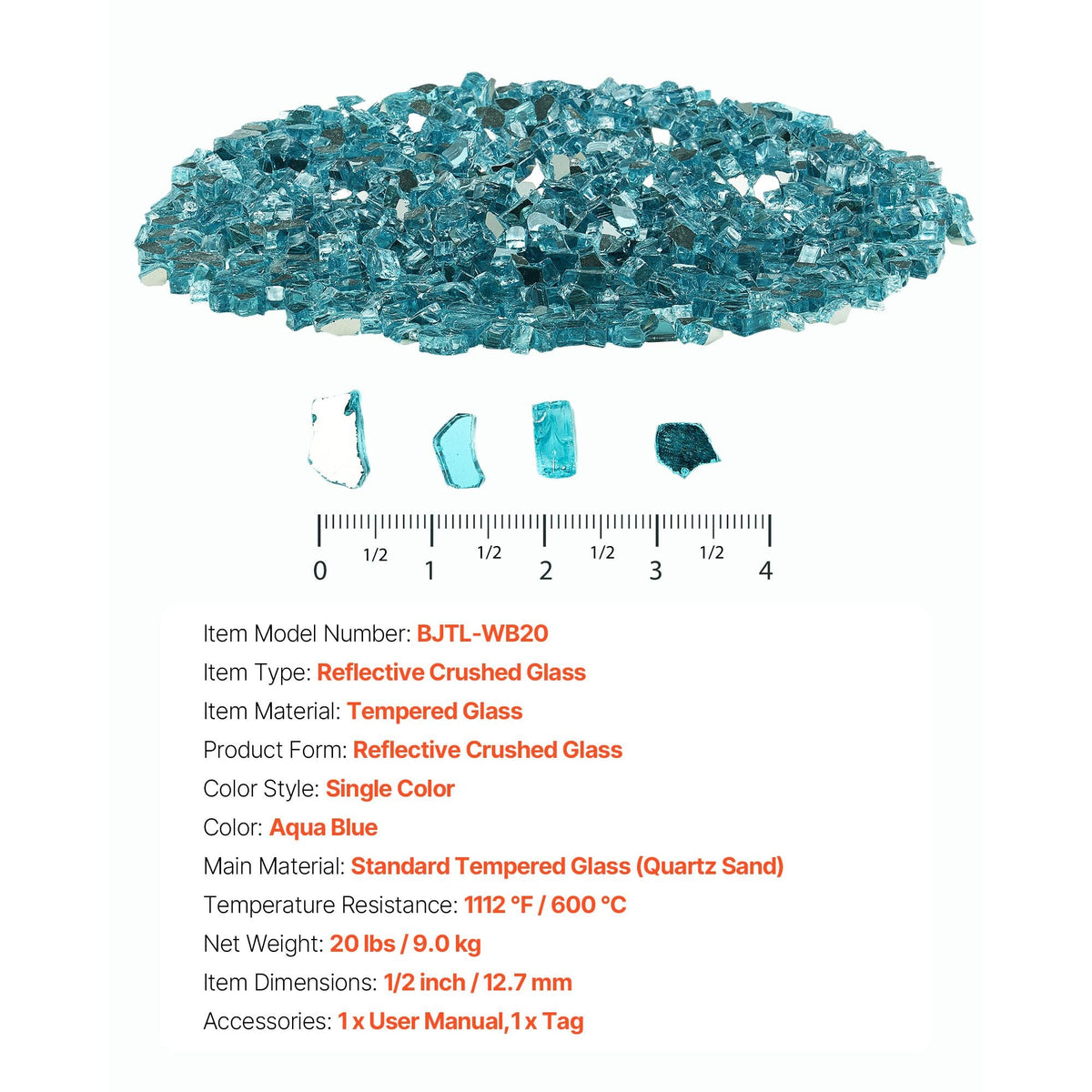 Fire Glass, 20 LBS / 9 KG High-Temperature Resistant Fireplace Rocks, 1/2-Inch / 12.7 mm Reflective & Smokeless Firepit Glass Rock, High Luster Stone Landscaping for Fire Pit Table, Aqua Blue
