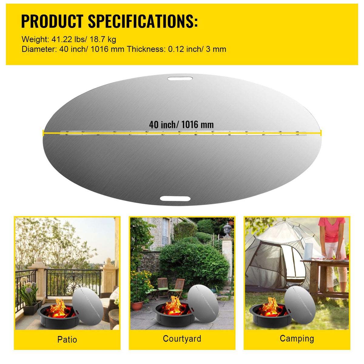 Fire Pit Lid Round 40 Inch Foldable Fire Pit Ring Snuff Cover 430 Stainless Steel Fire Pit Spark Screen Cover 3mm Thickness