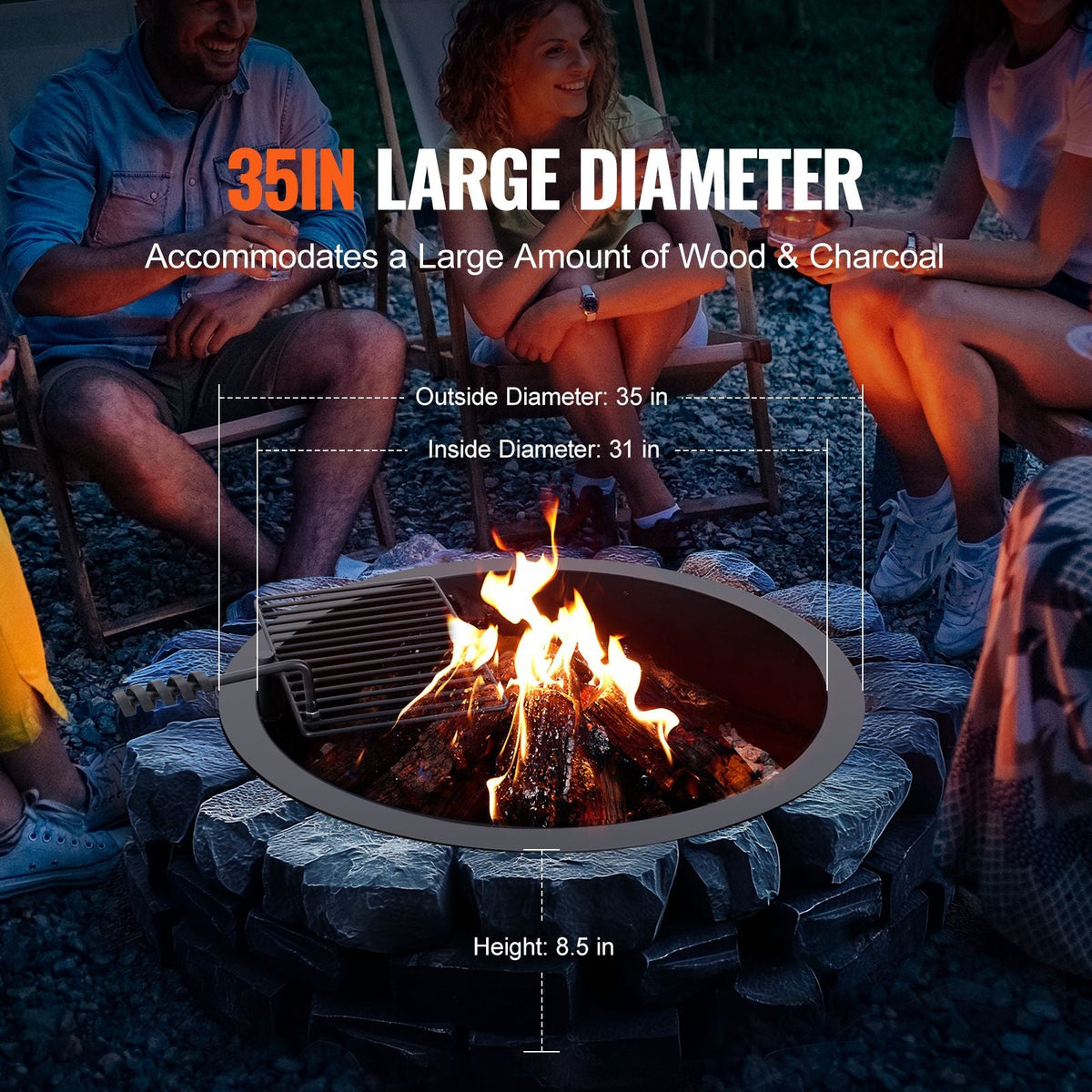 Fire Pit Ring, Fire Pit Insert with Barbecue Fire Ring, 35-In Outer/31-In Inner Diameter, 8.5in Height, Carbon Steel Liner DIY Campfire Ring above/In-Ground, for Outdoor Camping, Bonfires