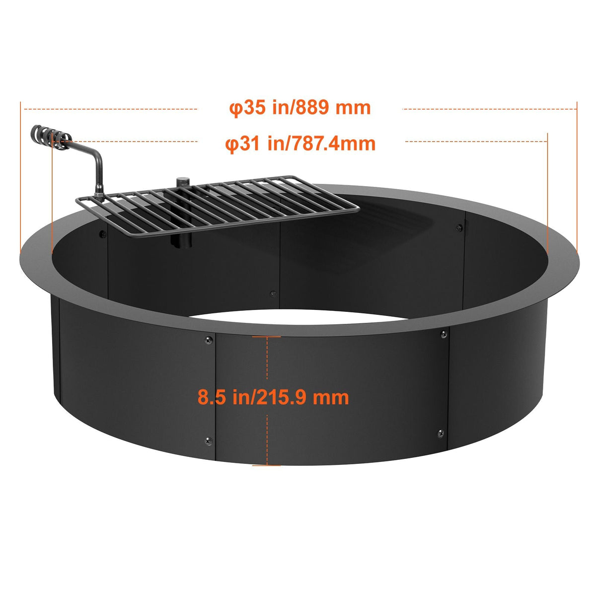Fire Pit Ring, Fire Pit Insert with Barbecue Fire Ring, 35-In Outer/31-In Inner Diameter, 8.5in Height, Carbon Steel Liner DIY Campfire Ring above/In-Ground, for Outdoor Camping, Bonfires