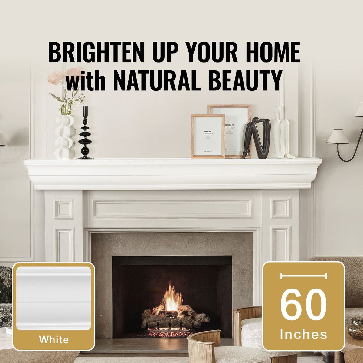 Fireplace Mantel, 60" x 8" x 5", 50 lbs Weight Capacity, Natural Wood Mantel for Over Fireplace, Wall Mounted Floating Farmhouse Shelf, Handcrafted Wood Fireplace Mantel for Wall Decor, White