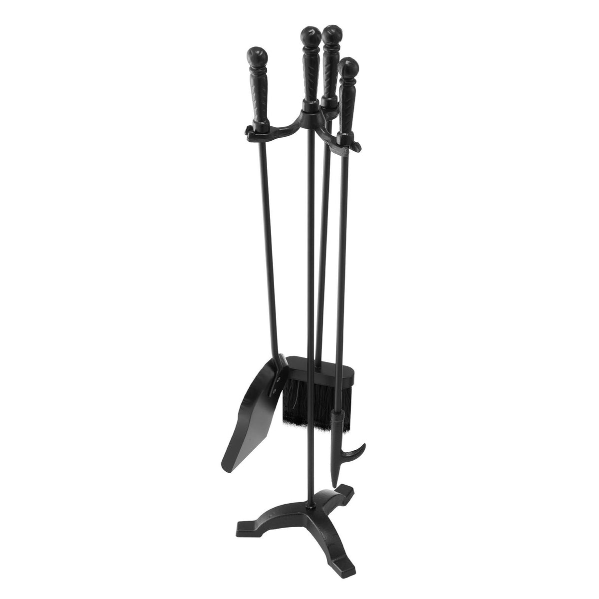 Fireplace Tool Set, 4 PCS Fire Tool Set and Holder with Three-Prong Stand, Ash Shovel, Brush, Fire Place Poker, Wrought Iron Fireplace Accessories for Campfire Indoor/Outdoor, Black