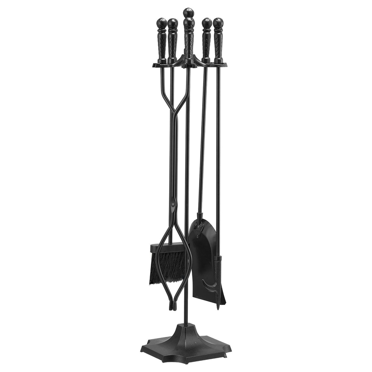 Fireplace Tool Set, 5 PCS Fire Tool Set and Holder with Five-Prong Stand, Tongs, Ash Shovel, Brush, Fire Place Poker, Wrought Iron Fireplace Accessories for Campfire Indoor/Outdoor, Black