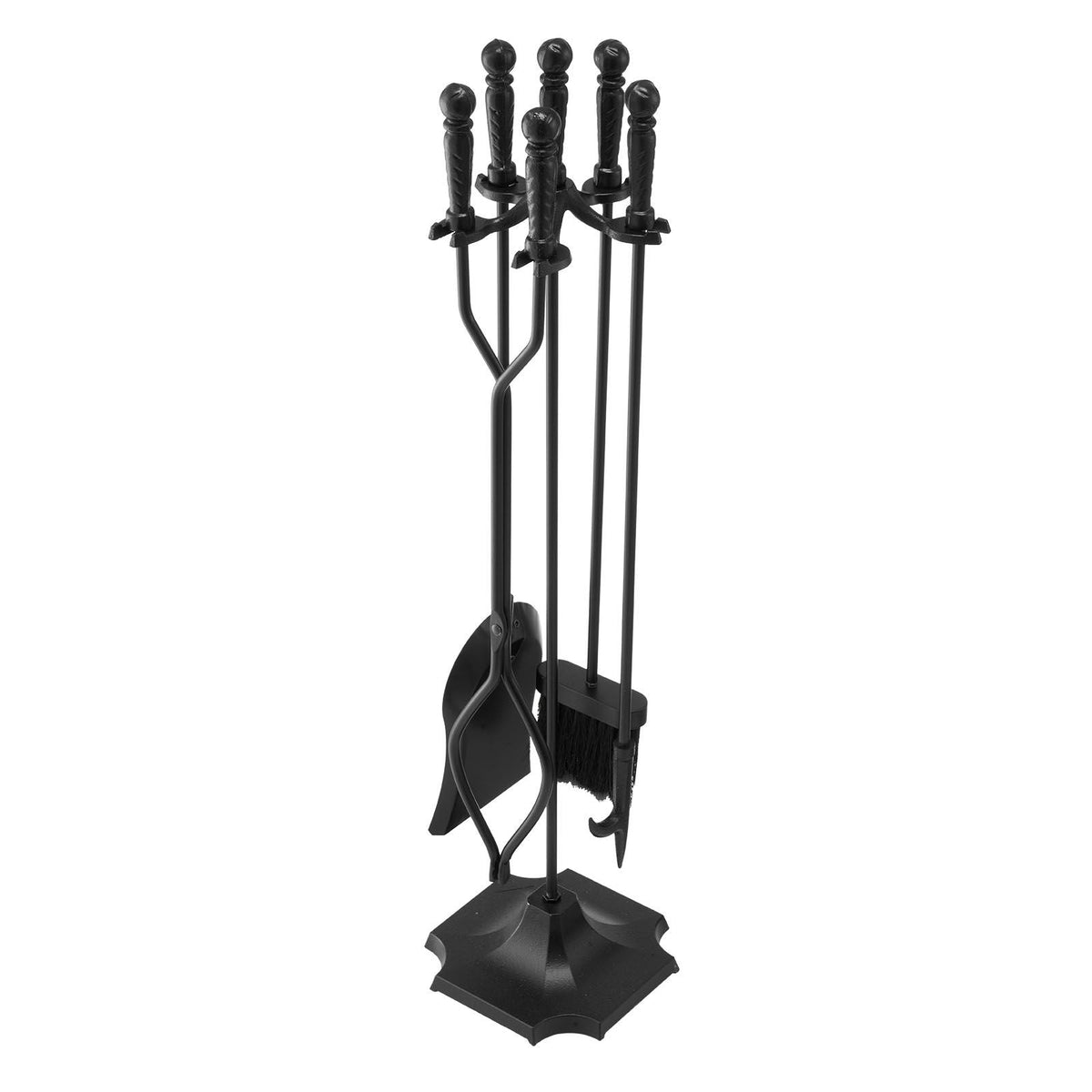 Fireplace Tool Set, 5 PCS Fire Tool Set and Holder with Five-Prong Stand, Tongs, Ash Shovel, Brush, Fire Place Poker, Wrought Iron Fireplace Accessories for Campfire Indoor/Outdoor, Black