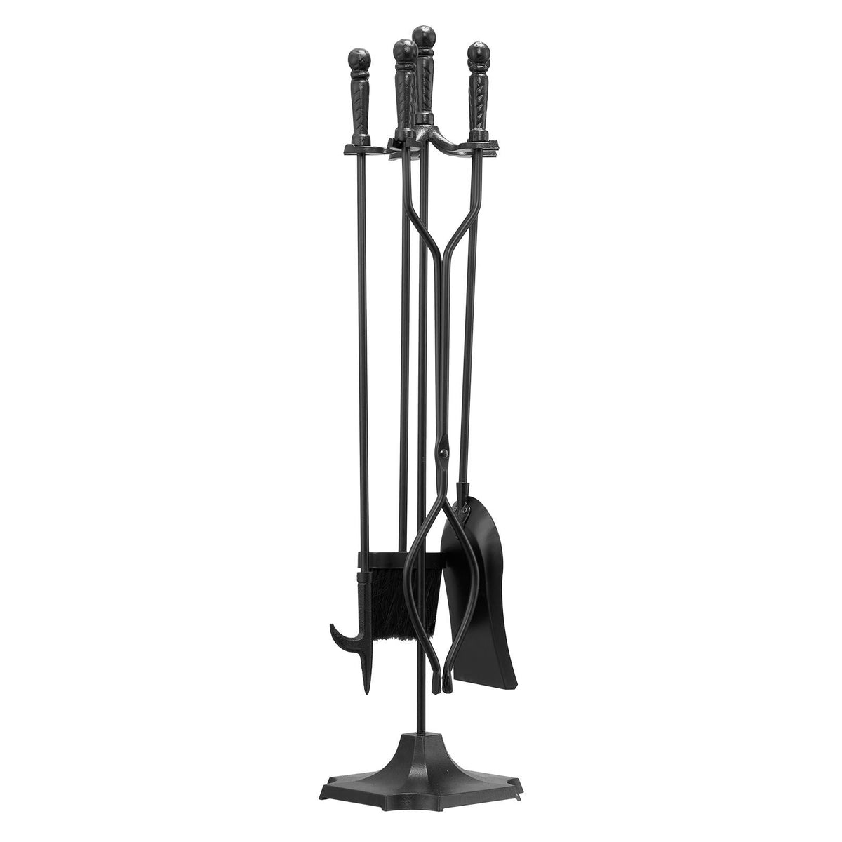 Fireplace Tool Set, 5 PCS Fire Tool Set and Holder with Five-Prong Stand, Tongs, Ash Shovel, Brush, Fire Place Poker, Wrought Iron Fireplace Accessories for Campfire Indoor/Outdoor, Black