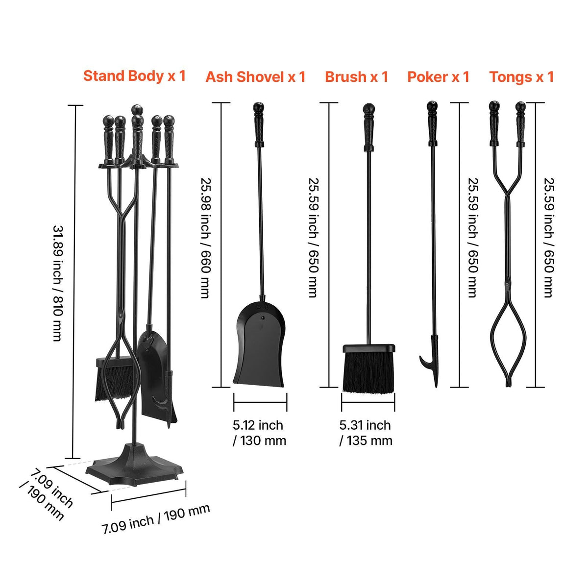 Fireplace Tool Set, 5 PCS Fire Tool Set and Holder with Five-Prong Stand, Tongs, Ash Shovel, Brush, Fire Place Poker, Wrought Iron Fireplace Accessories for Campfire Indoor/Outdoor, Black