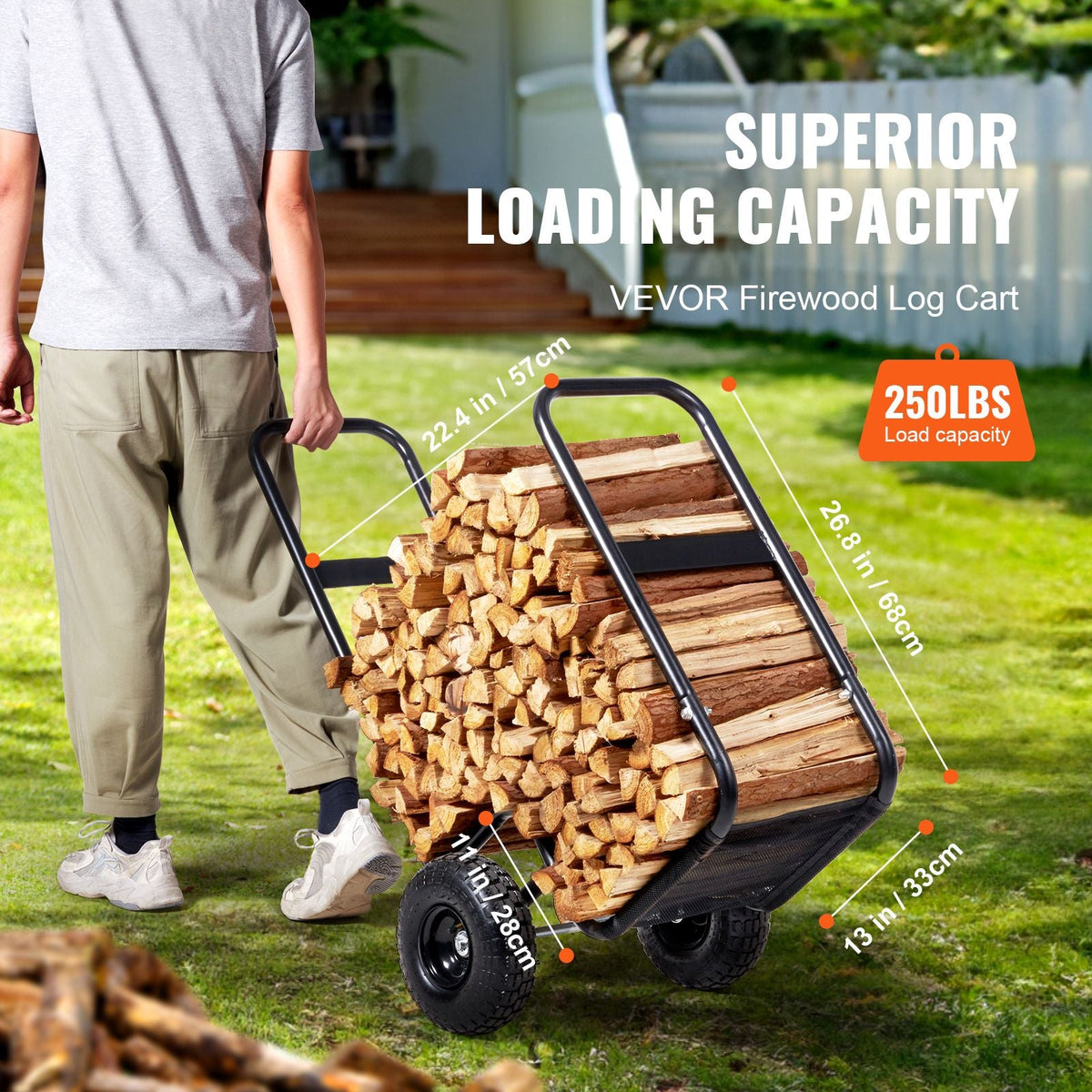 Firewood Log Cart, 250 lbs Load Capacity, Outdoor and Indoor Wood Rack Storage Mover with Pneumatic Rubber Wheels, Heavy Duty Steel Dolly Hauler, Firewood Carrier for Fireplace, Fire Pit, Black