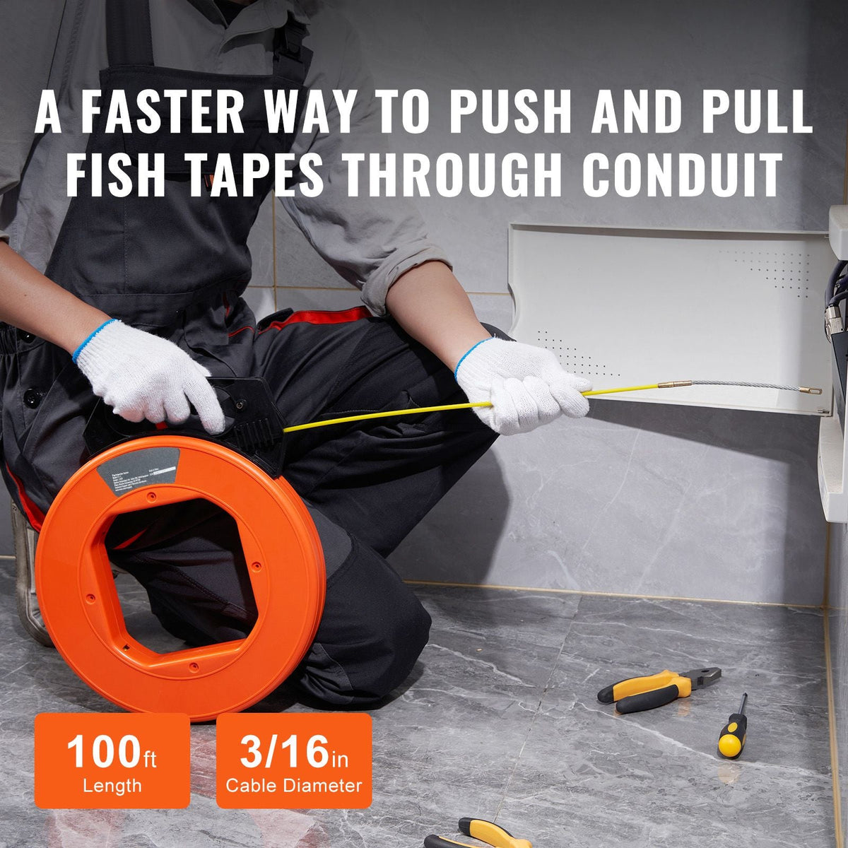 Fish Tape, 100 ft, 3/16-inch, Fiberglass Cable Guide with Enhanced Casing and Grip, User-Friendly Wire Routing Instrument, Bendable Wiring Aid for Walls and Electrical Ducts, Insulating