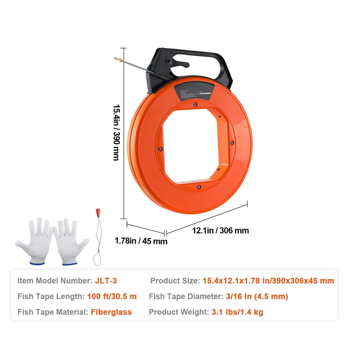 Fish Tape, 100 ft, 3/16-inch, Fiberglass Cable Guide with Enhanced Casing and Grip, User-Friendly Wire Routing Instrument, Bendable Wiring Aid for Walls and Electrical Ducts, Insulating