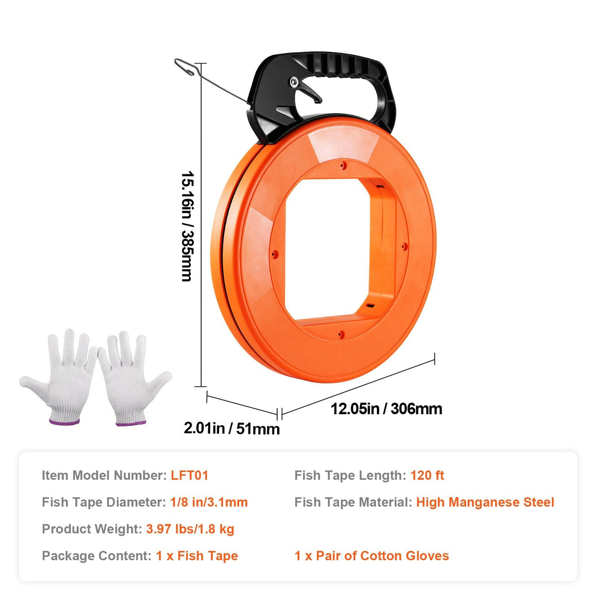 Fish Tape, 120-foot, 1/8-inch, Steel Wire Puller with Optimized Housing and Handle, Easy-to-Use Cable Puller Tool, Flexible Wire Fishing Tools for Walls and Electrical Conduit, Non-Conductive