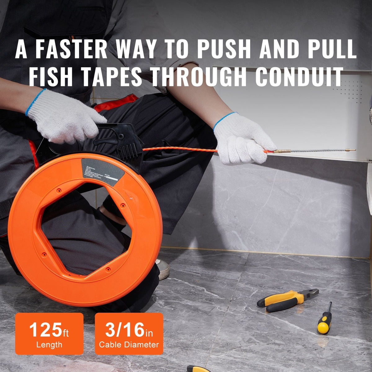 Fish Tape, 125-foot, 3/16-inch, PET Wire Puller with Optimized Housing and Handle, Easy-to-Use Cable Puller Tool, Flexible Wire Fishing Tools for Walls and Electrical Conduit, Non-Conductive