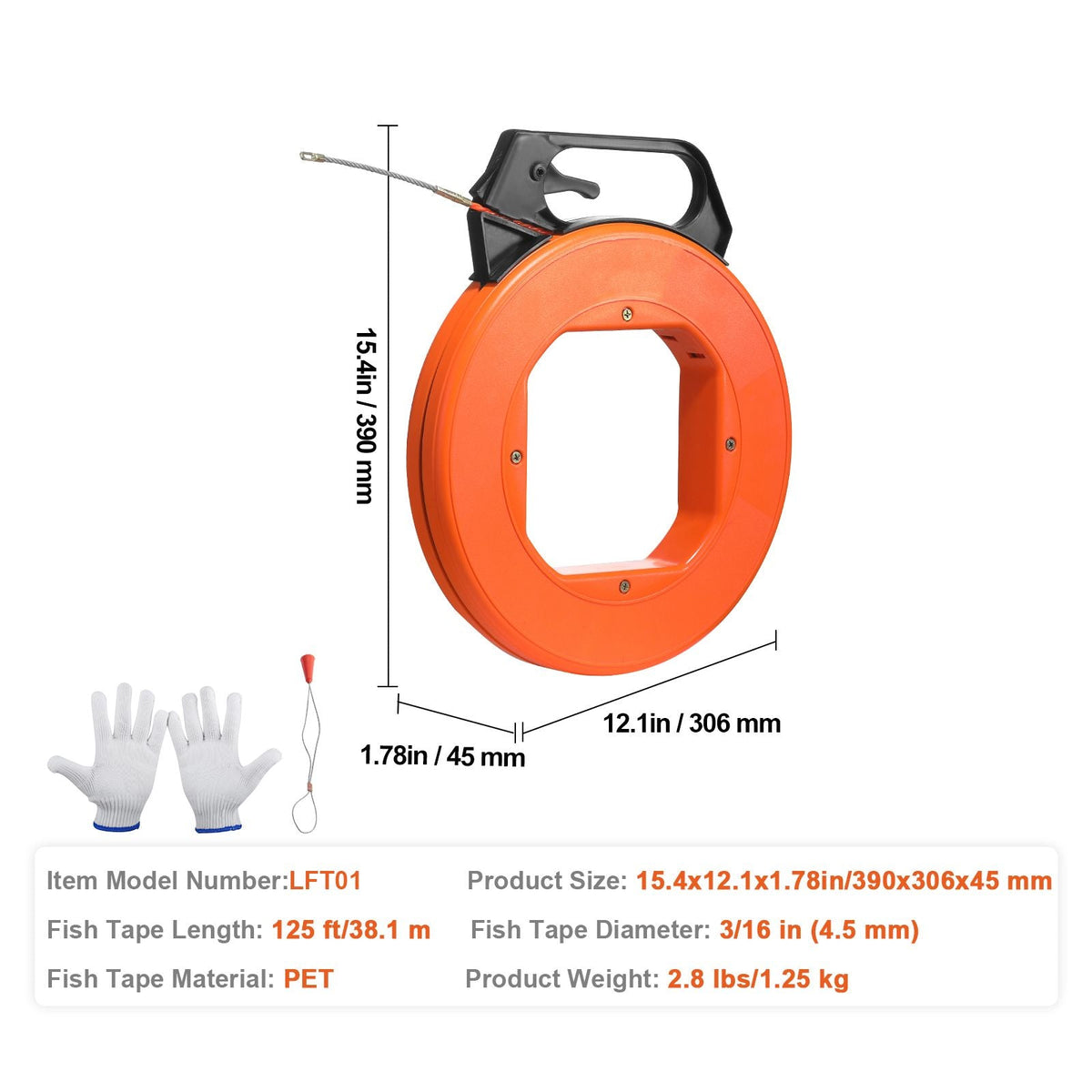 Fish Tape, 125-foot, 3/16-inch, PET Wire Puller with Optimized Housing and Handle, Easy-to-Use Cable Puller Tool, Flexible Wire Fishing Tools for Walls and Electrical Conduit, Non-Conductive