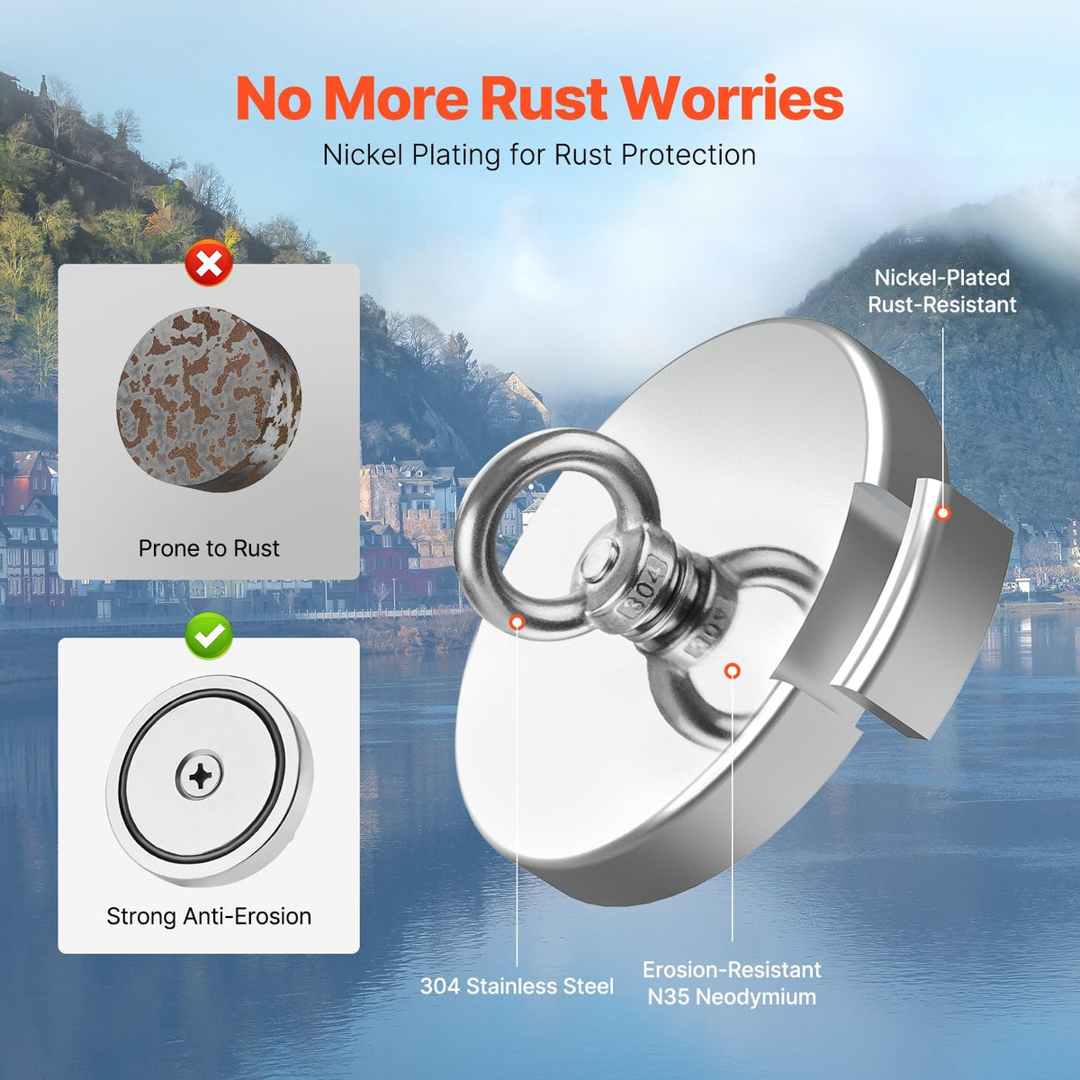 Fishing Magnet, 1000 LBS/454 Kg Pulling Force Super Strong Neodymium Fishing Magnet, Rare Earth Magnet with Handle Diameter 2.72 in/69 mm for Retrieving in River, Magnetic Fishing, Heavy Hanging