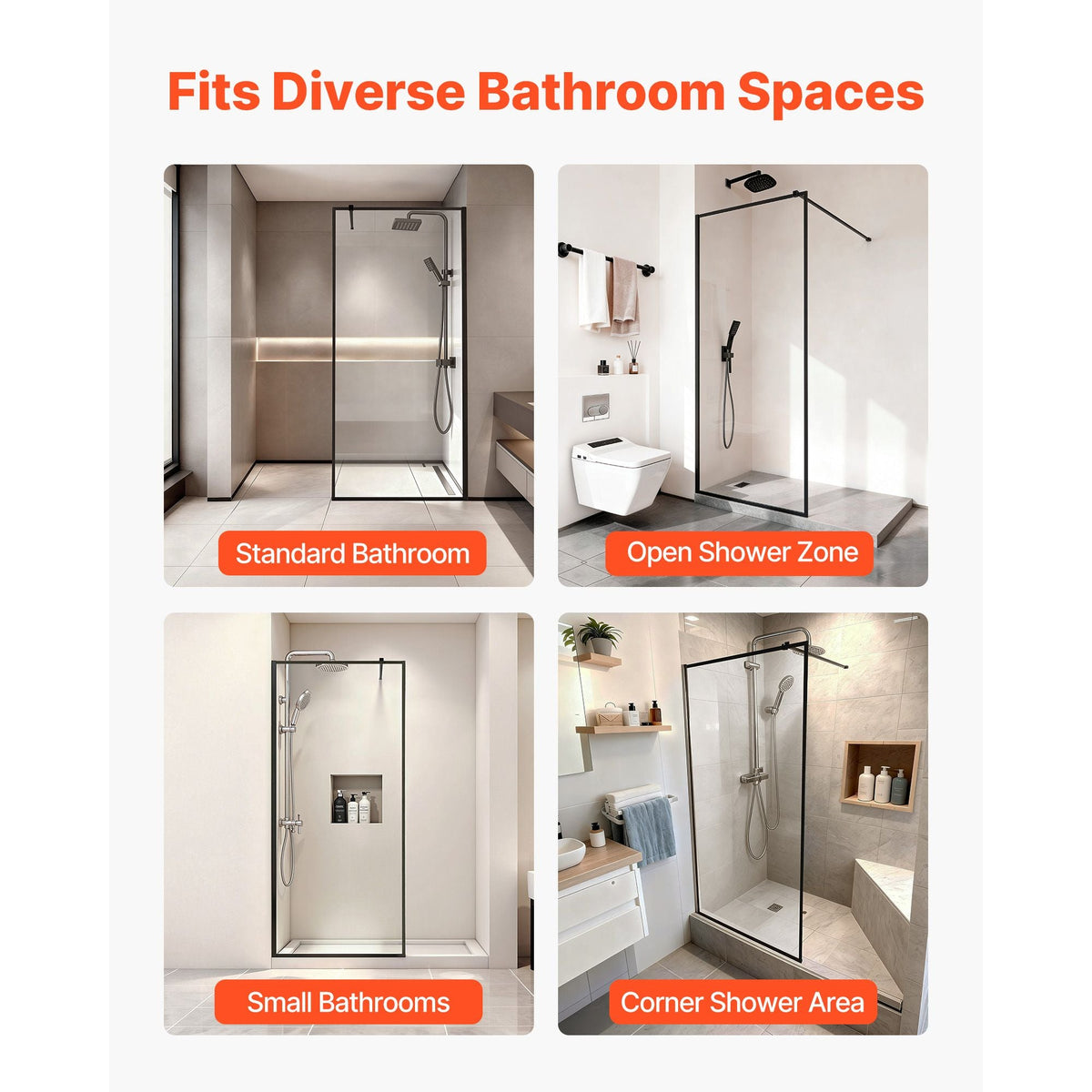 Fixed Glass Shower Panel, 34 x 73.6 in Full-Framed Fixed Shower Screen, 5/16 in Thick Clear Tempered Glass Door with Bottom Seal Strip and Hardware, Easy to Clean, for Bathroom, Matte Black