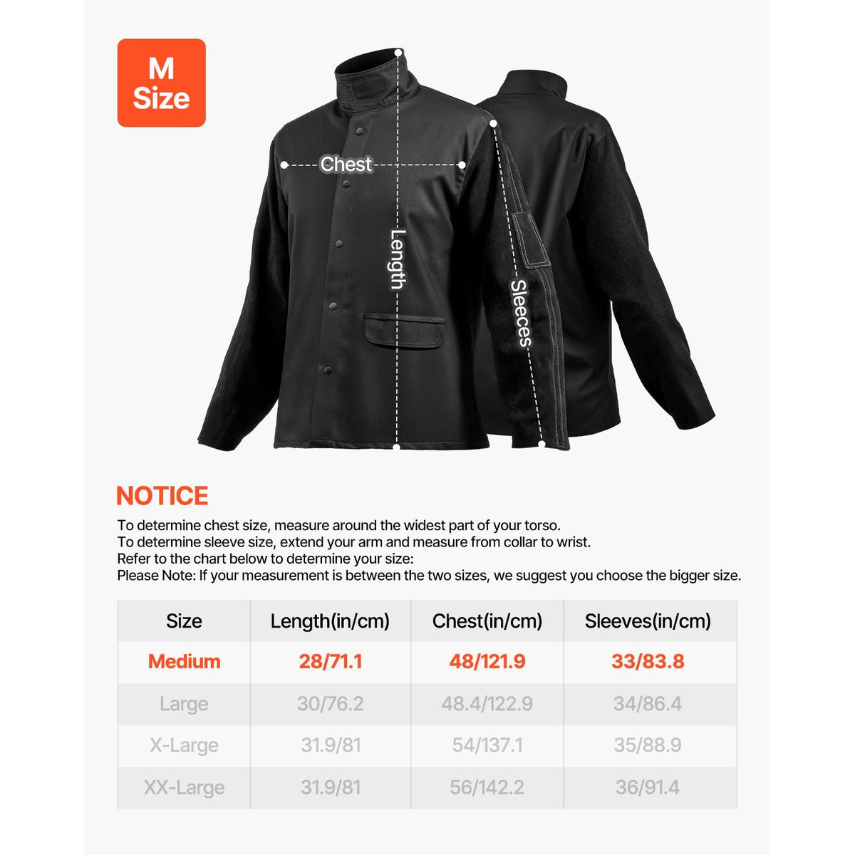 Flame Resistant Welding Jacket, Heavy Duty Split Cowhide Leather Sleeves + 9 oz. FR Pure Cotton Body, Heat-Resistant Welding Safety Jacket for Welder Fitters - M Size