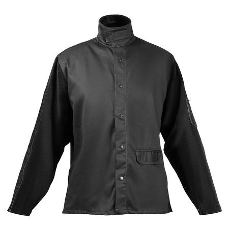 Flame Resistant Welding Jacket, Heavy Duty Split Cowhide Leather Sleeves + 9 oz. FR Pure Cotton Body, Heat-Resistant Welding Safety Jacket for Welder Fitters - M Size