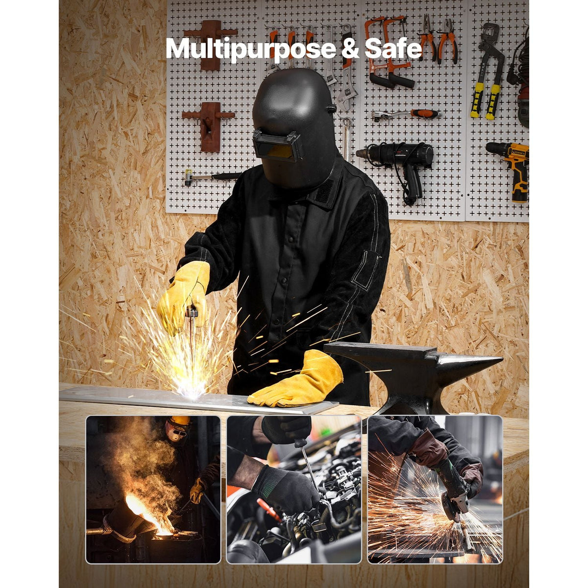 Flame Resistant Welding Jacket, Heavy Duty Split Cowhide Leather Sleeves + 9 oz. FR Pure Cotton Body, Heat-Resistant Welding Safety Jacket for Welder Fitters - M Size