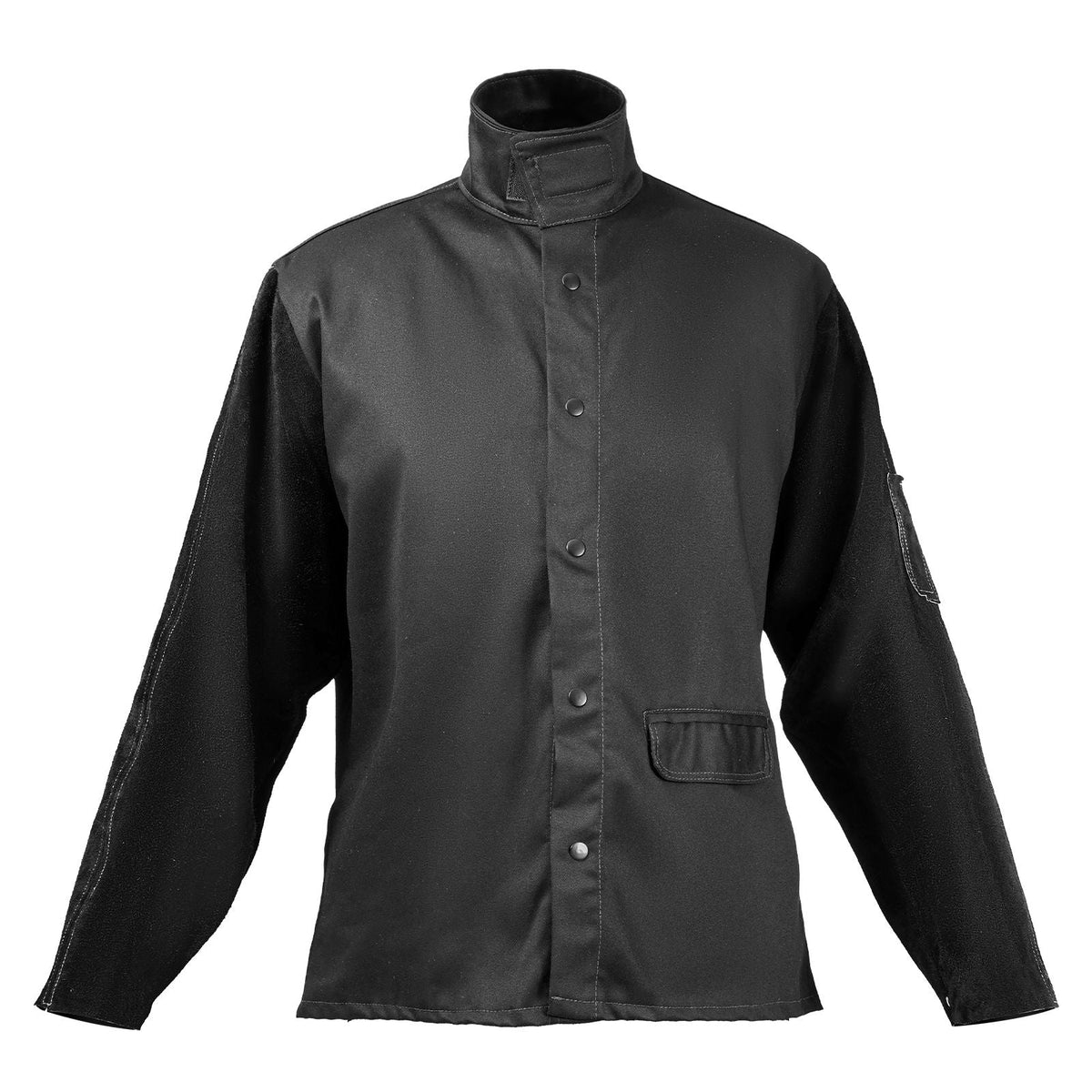 Flame Resistant Welding Jacket, Heavy Duty Split Cowhide Leather Sleeves + 9 oz. FR Pure Cotton Body, Heat-Resistant Welding Safety Jacket for Welder Fitters - M Size