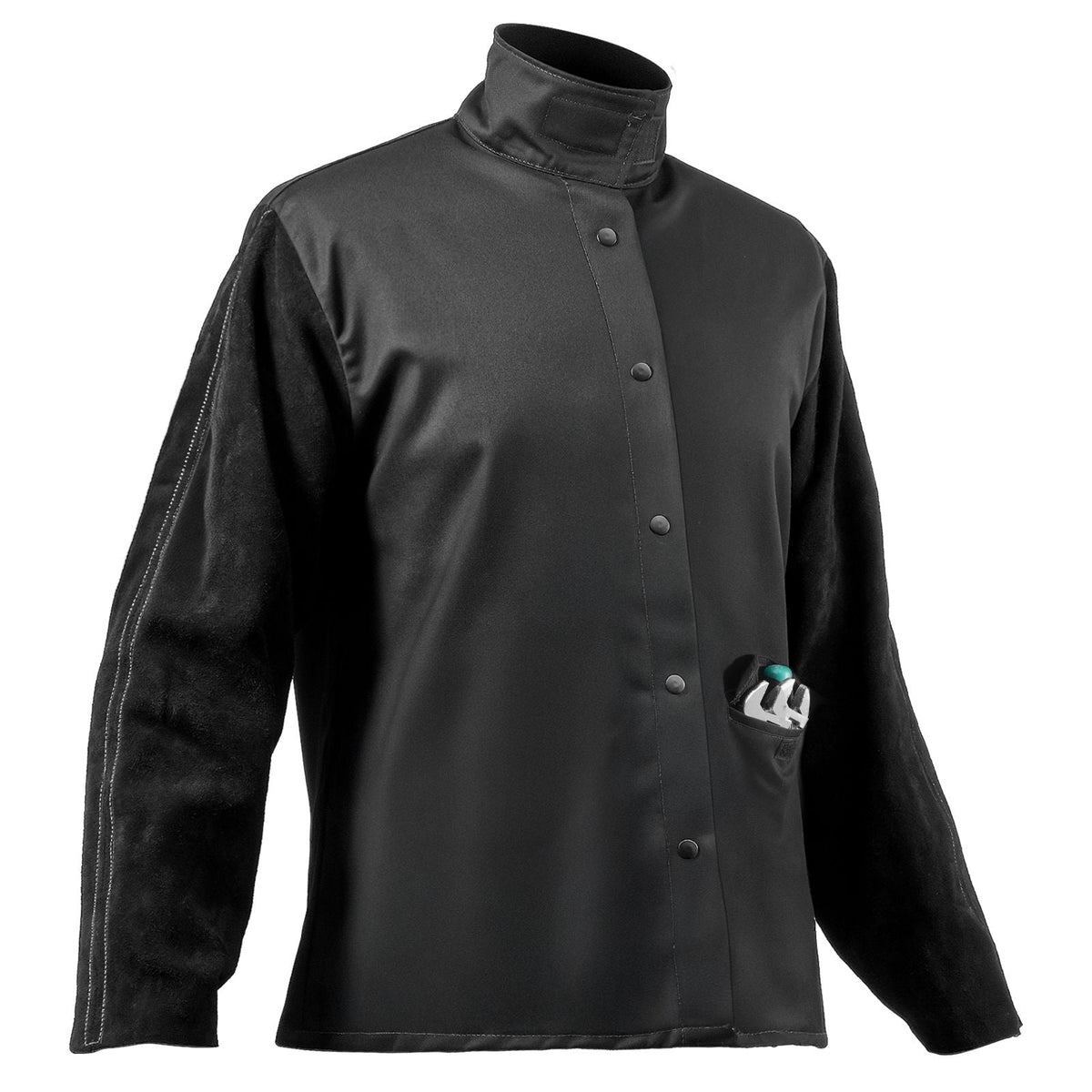 Flame Resistant Welding Jacket, Heavy Duty Split Cowhide Leather Sleeves + 9 oz. FR Pure Cotton Body, Heat-Resistant Welding Safety Jacket for Welder Fitters - M Size