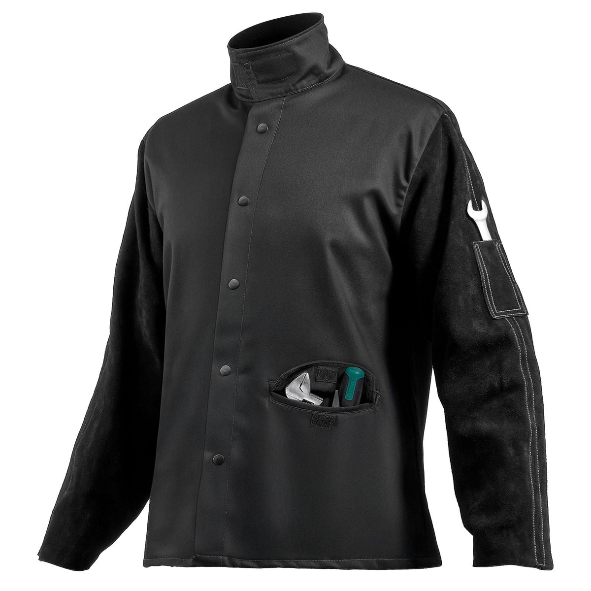 Flame Resistant Welding Jacket, Heavy Duty Split Cowhide Leather Sleeves + 9 oz. FR Pure Cotton Body, Heat-Resistant Welding Safety Jacket for Welder Fitters - M Size