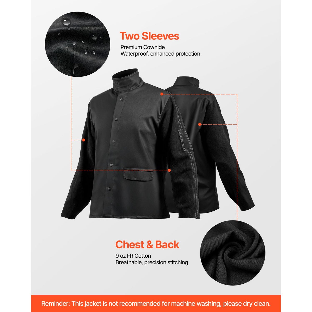 Flame Resistant Welding Jacket, Heavy Duty Split Cowhide Leather Sleeves + 9 oz. FR Pure Cotton Body, Heat-Resistant Welding Safety Jacket for Welder Fitters - XL Size