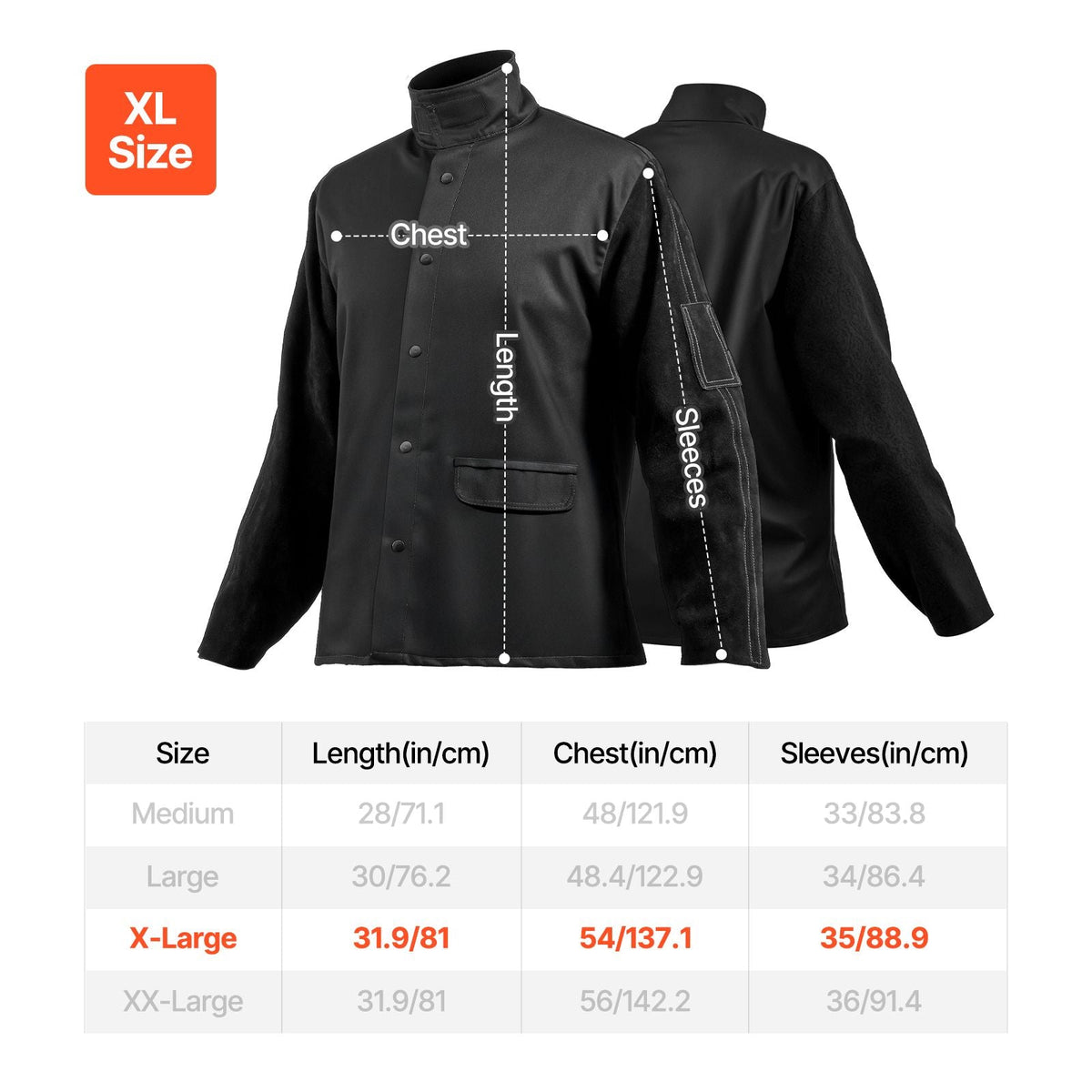 Flame Resistant Welding Jacket, Heavy Duty Split Cowhide Leather Sleeves + 9 oz. FR Pure Cotton Body, Heat-Resistant Welding Safety Jacket for Welder Fitters - XL Size