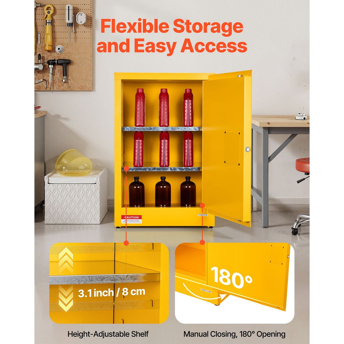 Flammable Cabinet, 23.2 x 18.1 x 35.4 Inch, 13 Gallon Flammable Storage Cabinet with Adjustable Shelf, Cold-Rolled and Galvanized Steel Fire Cabinets, for Commercial Industrial Home Use, Yellow