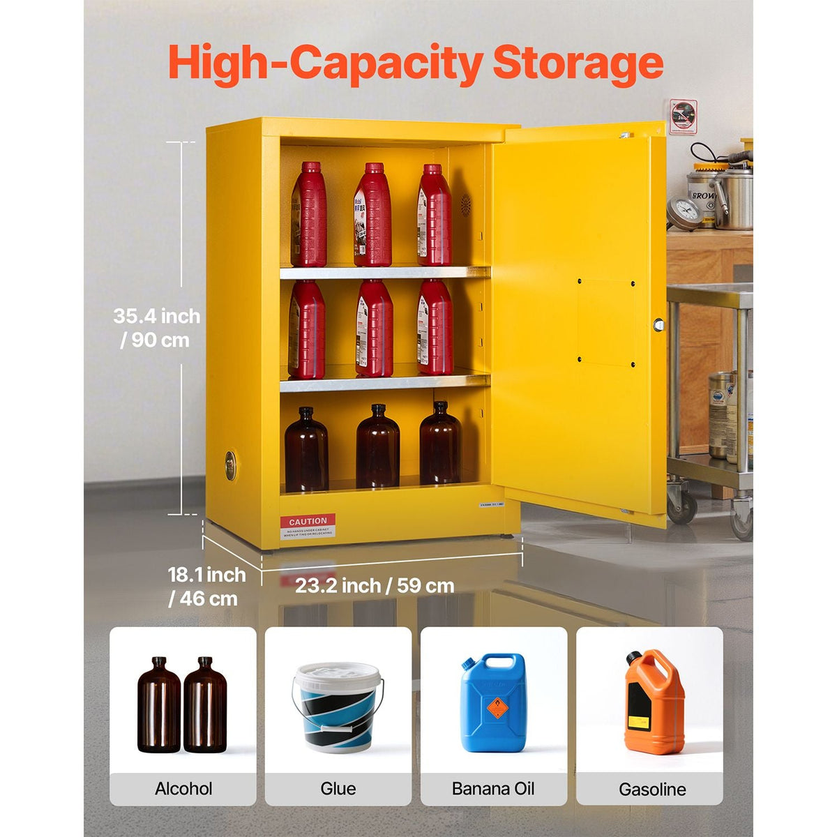 Flammable Cabinet, 23.2 x 18.1 x 35.4 Inch, 13 Gallon Flammable Storage Cabinet with Adjustable Shelf, Cold-Rolled and Galvanized Steel Fire Cabinets, for Commercial Industrial Home Use, Yellow