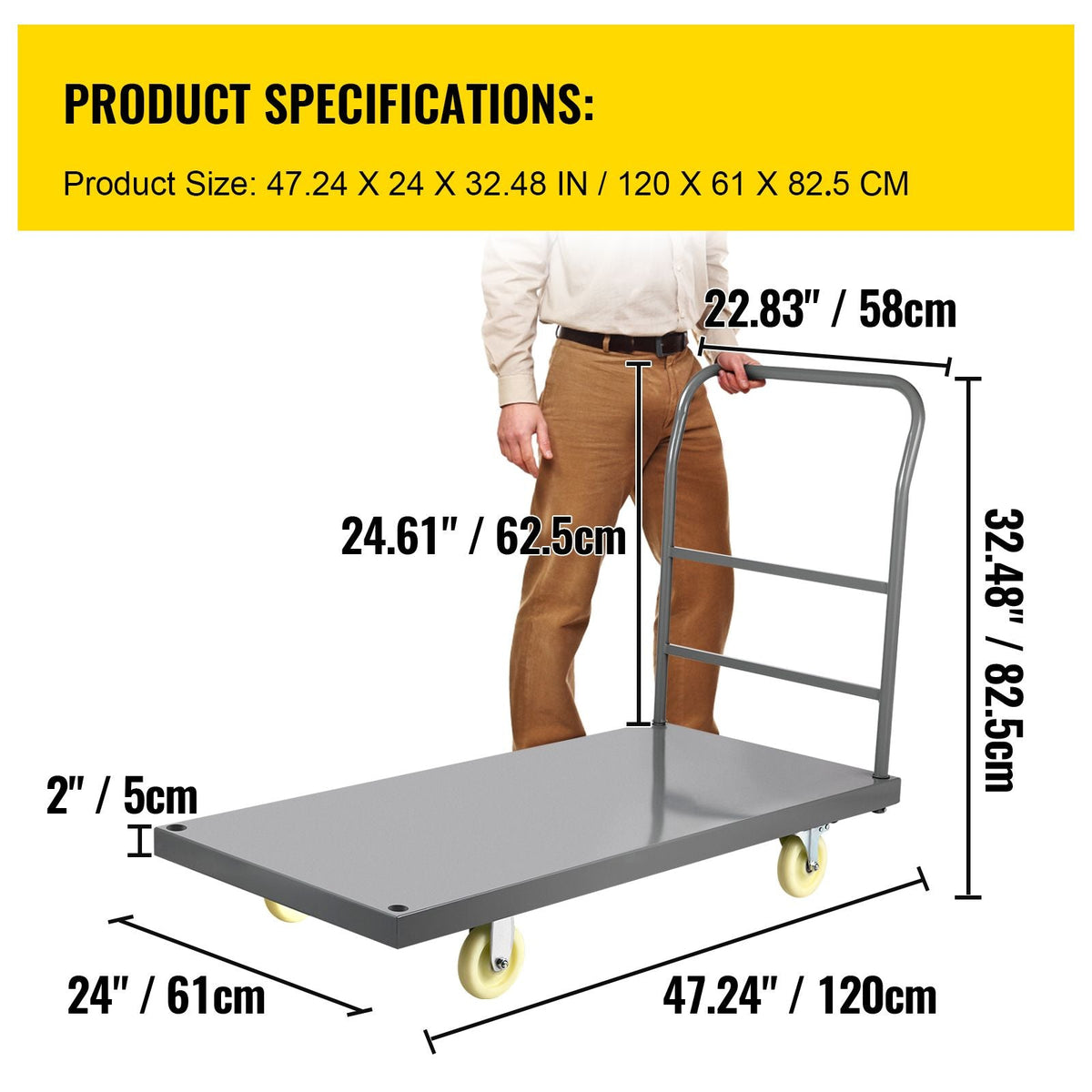 Flatbed Utility Cart, Supports up to 2000 lbs, Dimensions 47"L x 24"W x 32"H, Equipped with 5" Nylon Wheels, Sturdy Steel Construction, Ideal for Transporting Luggage