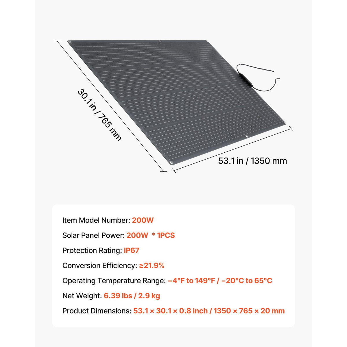 Flexible Solar Panel, 200W Semi-Flexible Bendable Monocrystalline Solar Panel, 21.9% Efficiency Mono Off-Grid Charger with MC4 Output, IP67 Waterproof for Marine RV Car Cabin Curved Surfaces