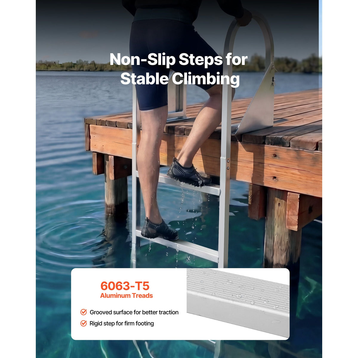 Flip-Up Dock Ladder, 4-Step, Heavy-Duty Aluminum Alloy Pontoon Boat Swim Ladder, with Non-Slip Wide Steps, 350 lbs Weight Capacity, Pull Rope Assist, for Lake Swimming, Pool, Marine Boarding