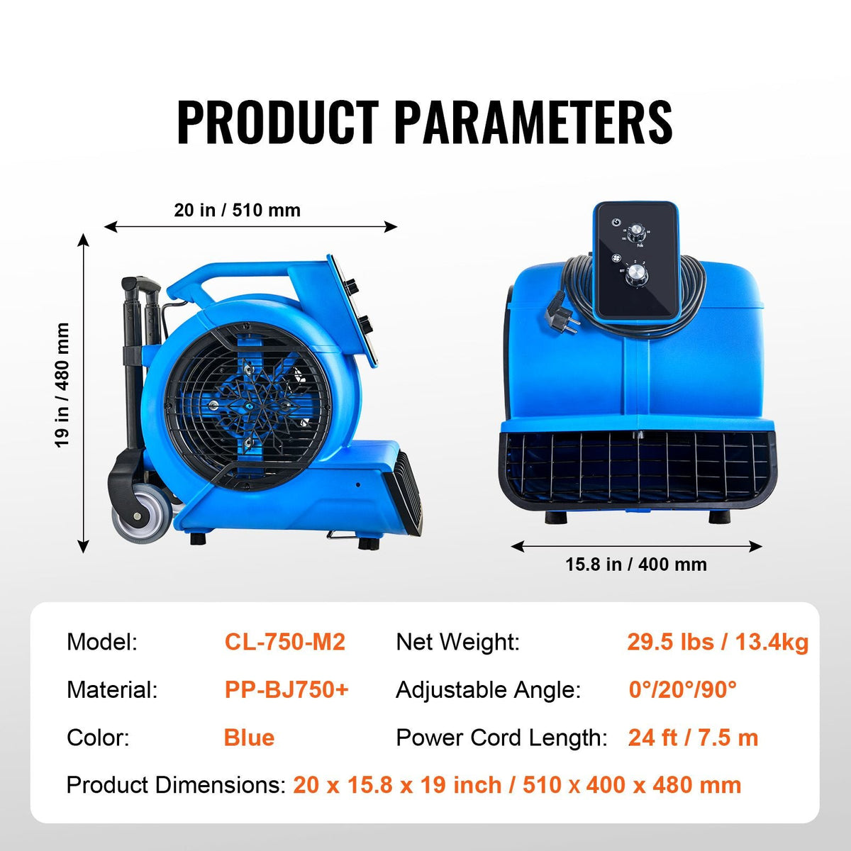 Floor Blower, 1560 RPM 4000 CFM, Air Mover for Drying and Cooling, Portable Carpet Dryer Fan with 3 Blowing Angles, Timer, 3-Speeds Adjustment, for Janitorial, Home, Commercial Use