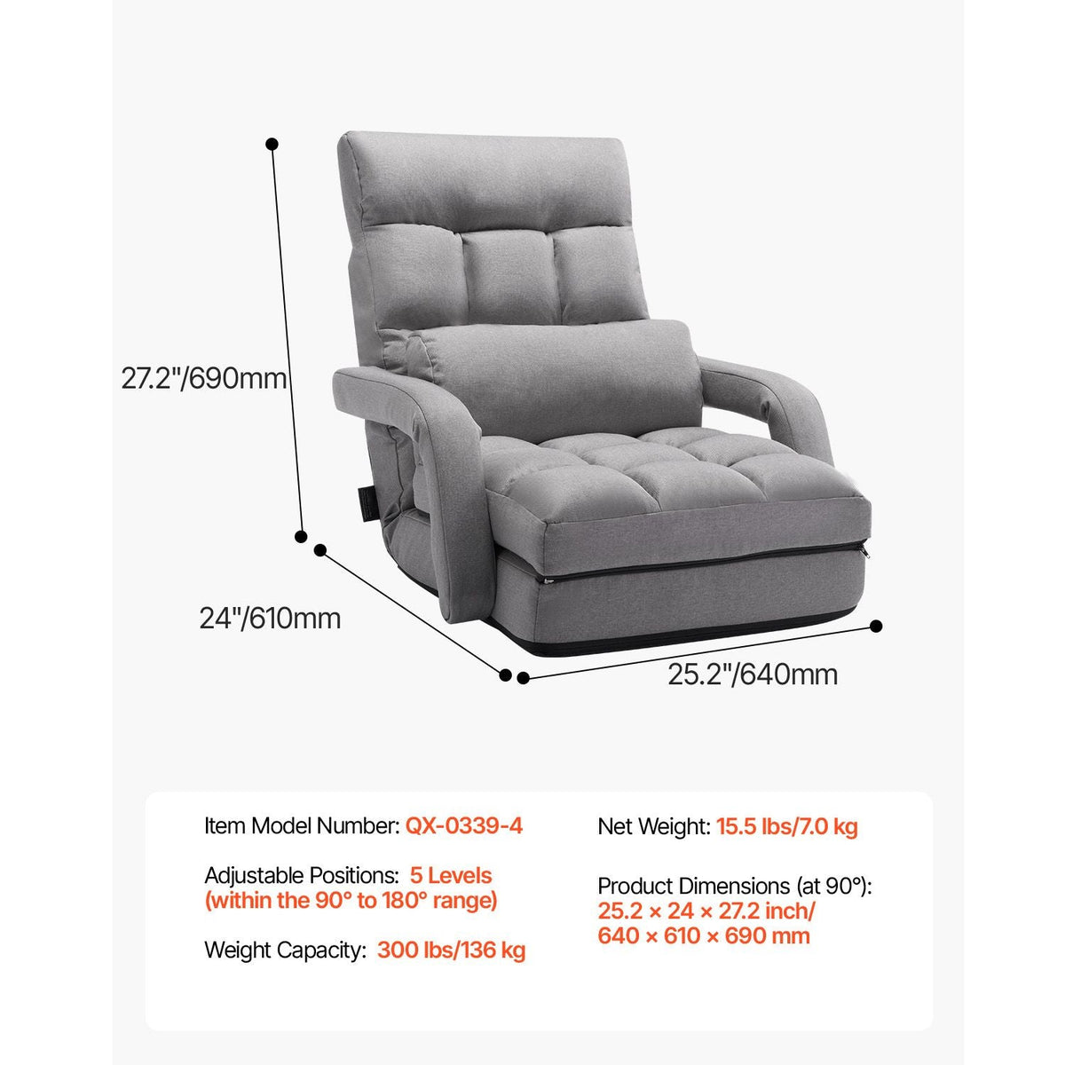 Floor Chair, Floor Gaming Chair with 5 Adjustable Position and Back Support, Folding Sofa Chair with Armrest for Adults, Sofa Lounger Bed with Back Cushion for Living Room and Bedroom, Gray