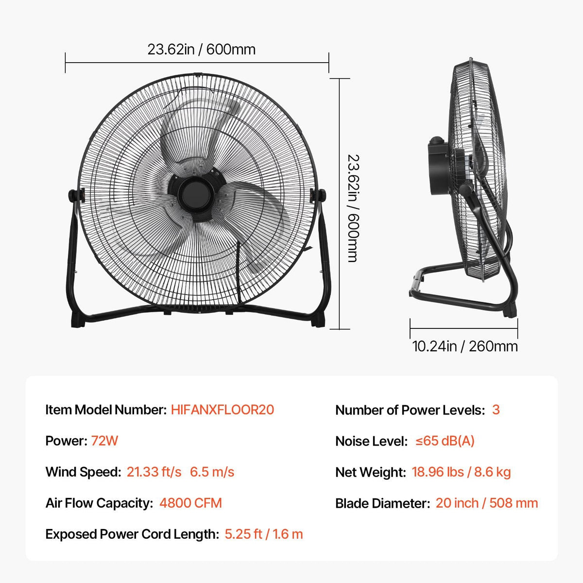 Floor Fan, 3 Speeds High Velocity Heavy Duty 20 Inch Industrial Fan, 4800 CFM 360° Adjustable Tilt 21.33 ft/sec Airflow Large Metal Fan, for Home, Gym, Office, Garage, Commercial Shop & Bedroom